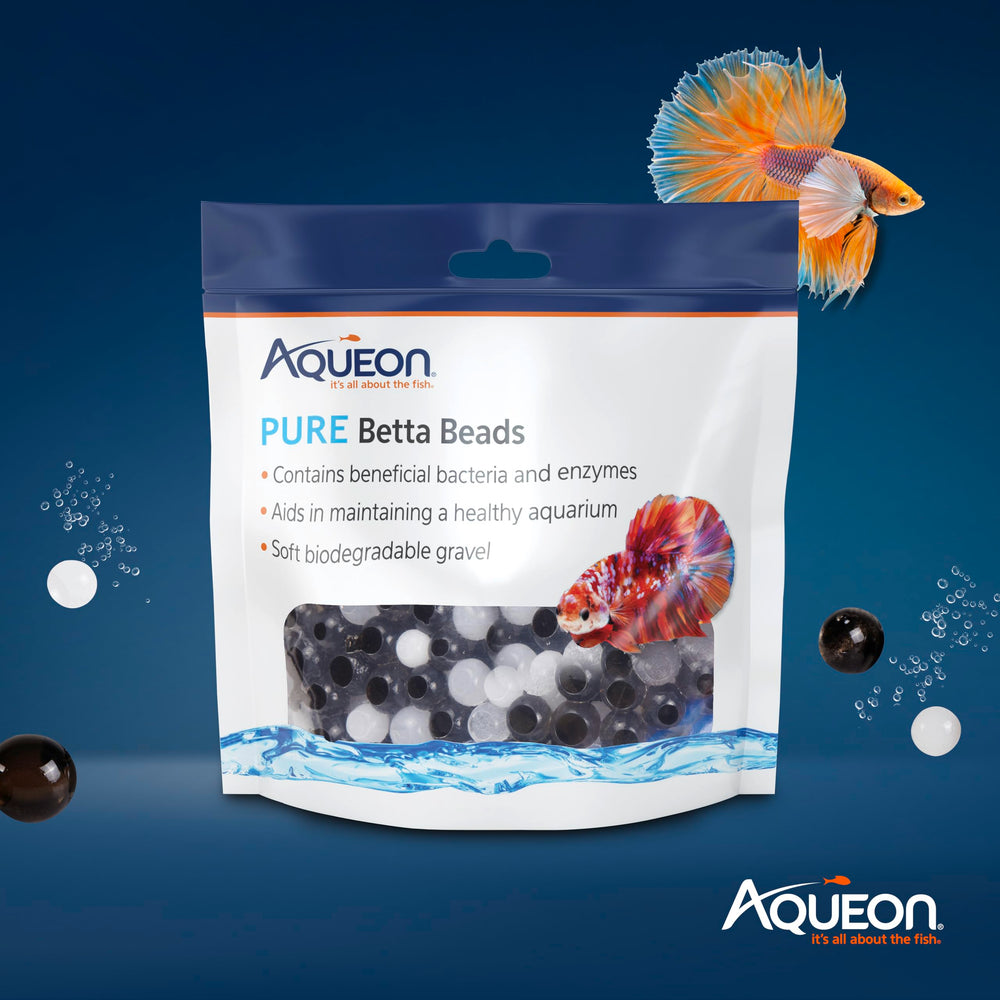 Aqueon PURE Betta Beads emballage, sachet pratique pour doser par gallon.