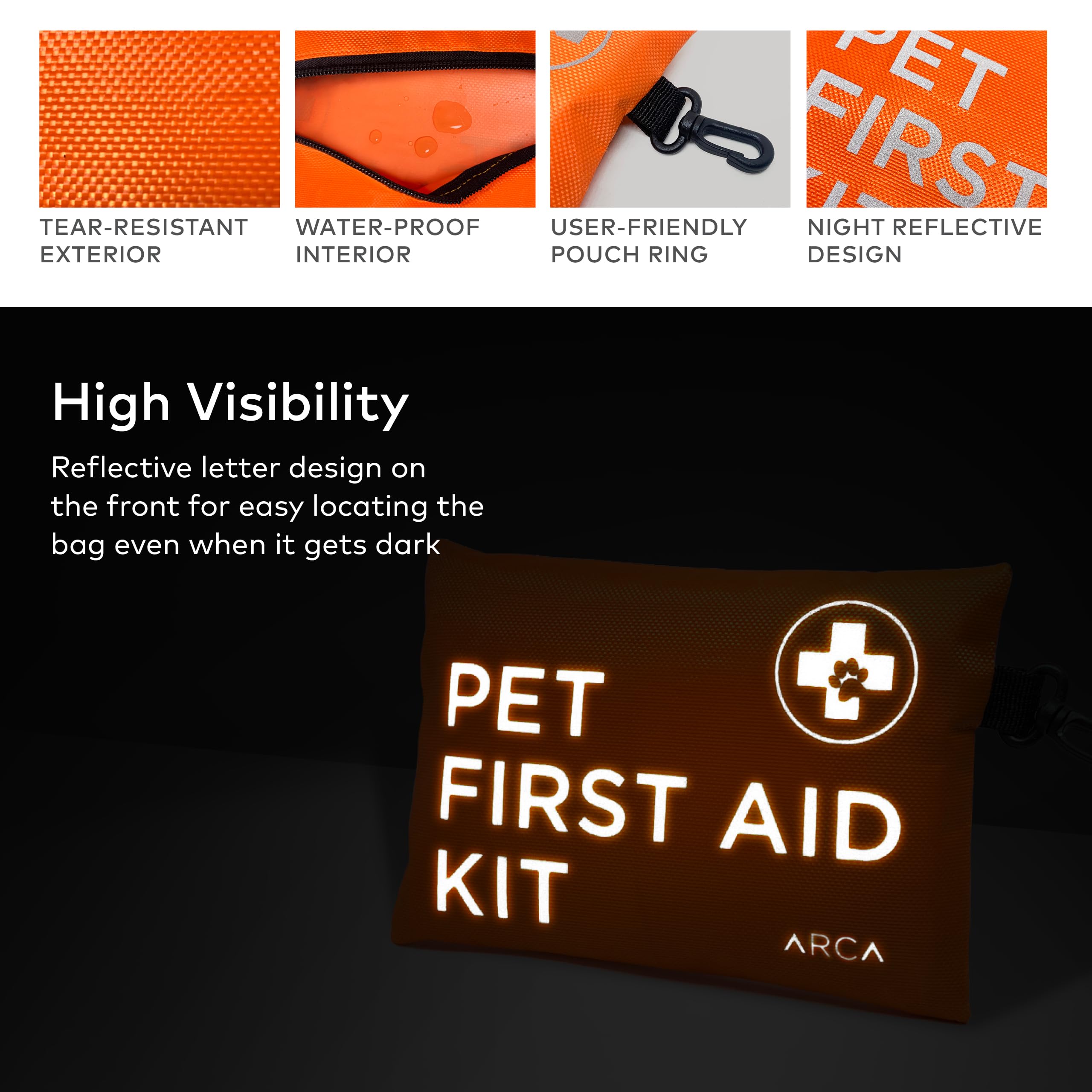 ARCA PET Kit premiers secours chien, 35 éléments visibles en extérieur.