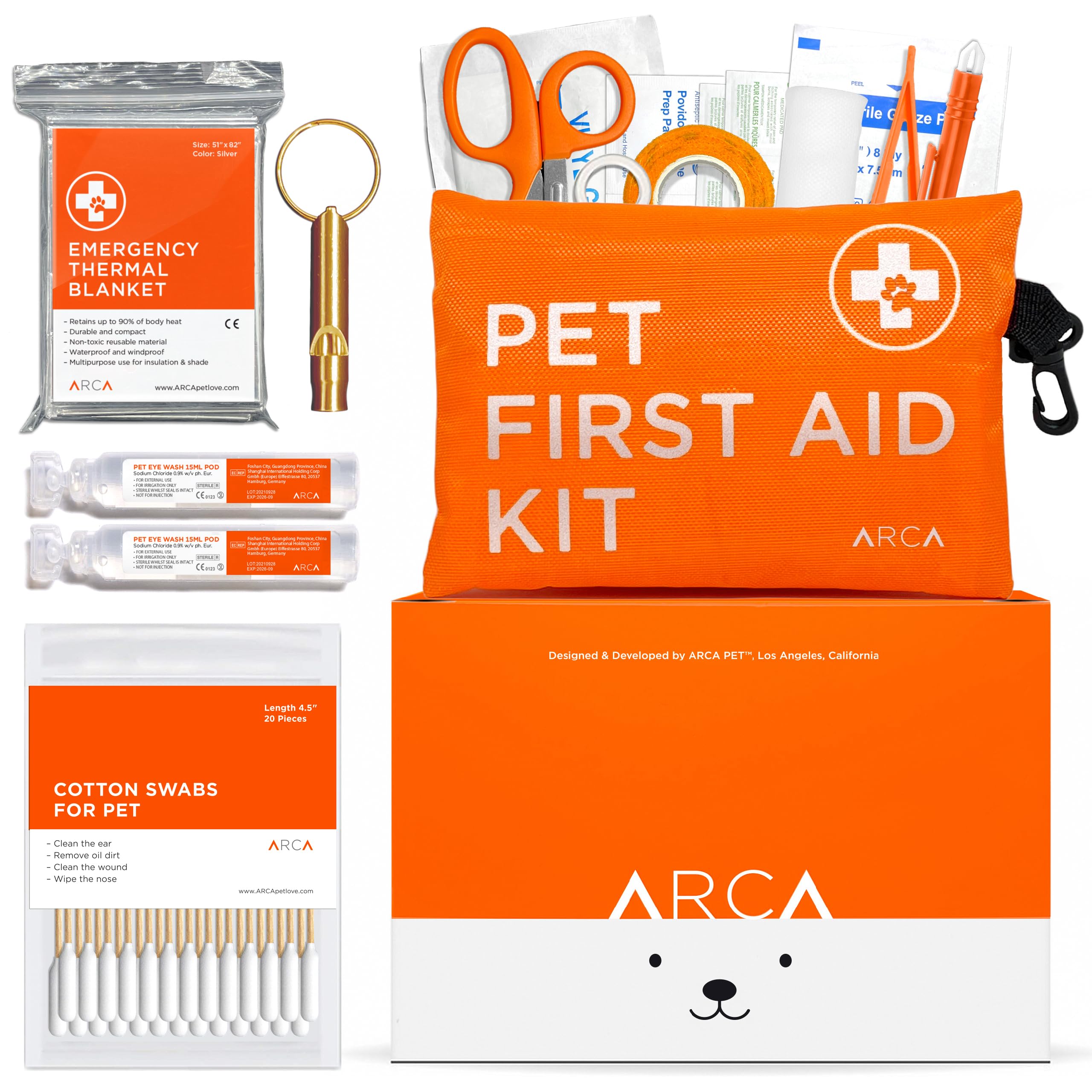 ARCA PET Kit de premiers secours chien, boîtier étanche et haute visibilité, prêt pour le camping.
