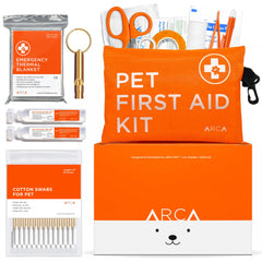 ARCA PET Kit de premiers secours chien, boîtier étanche et haute visibilité, prêt pour le camping.