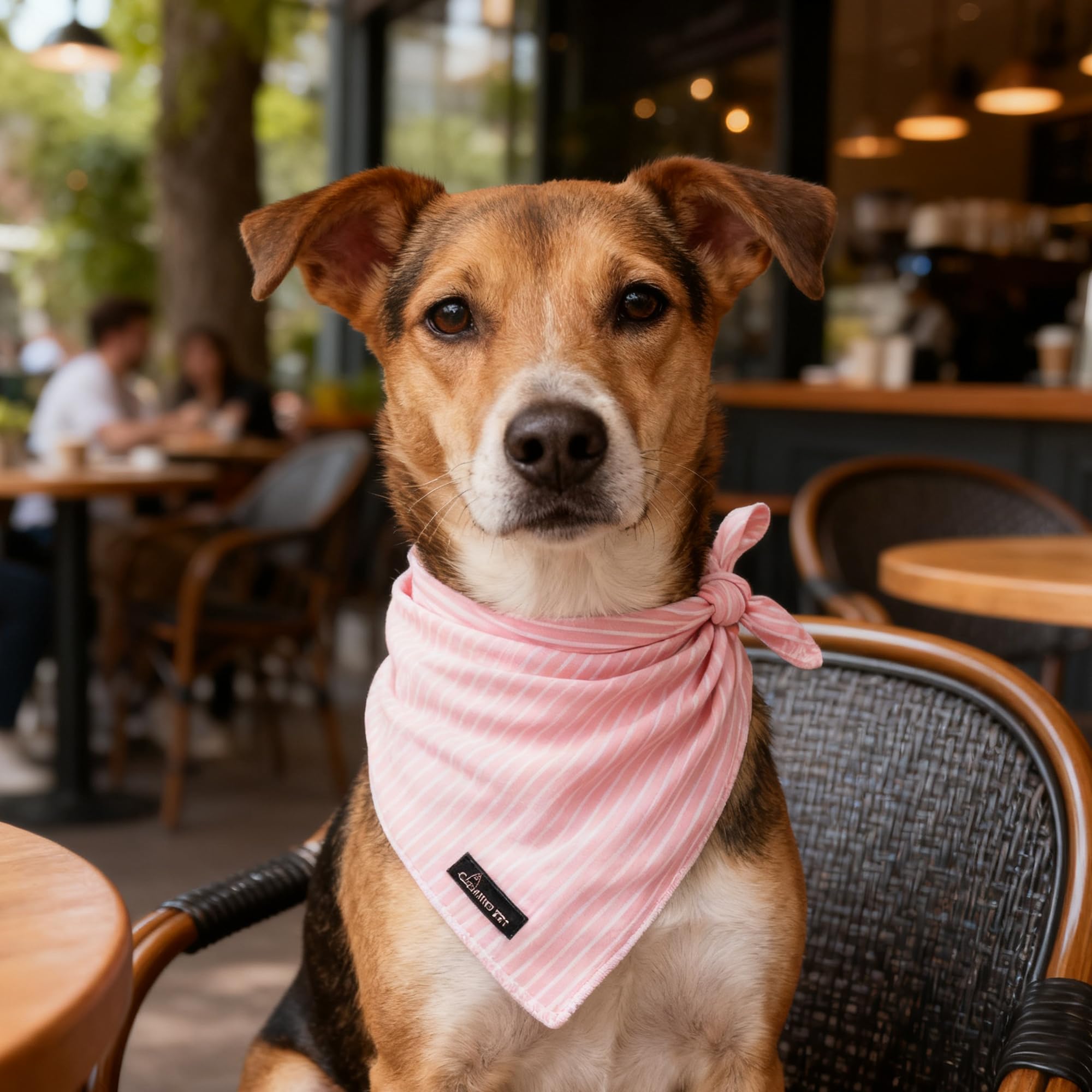 Aring Pet bandana rose pâle en promenade, style doux et sûr.