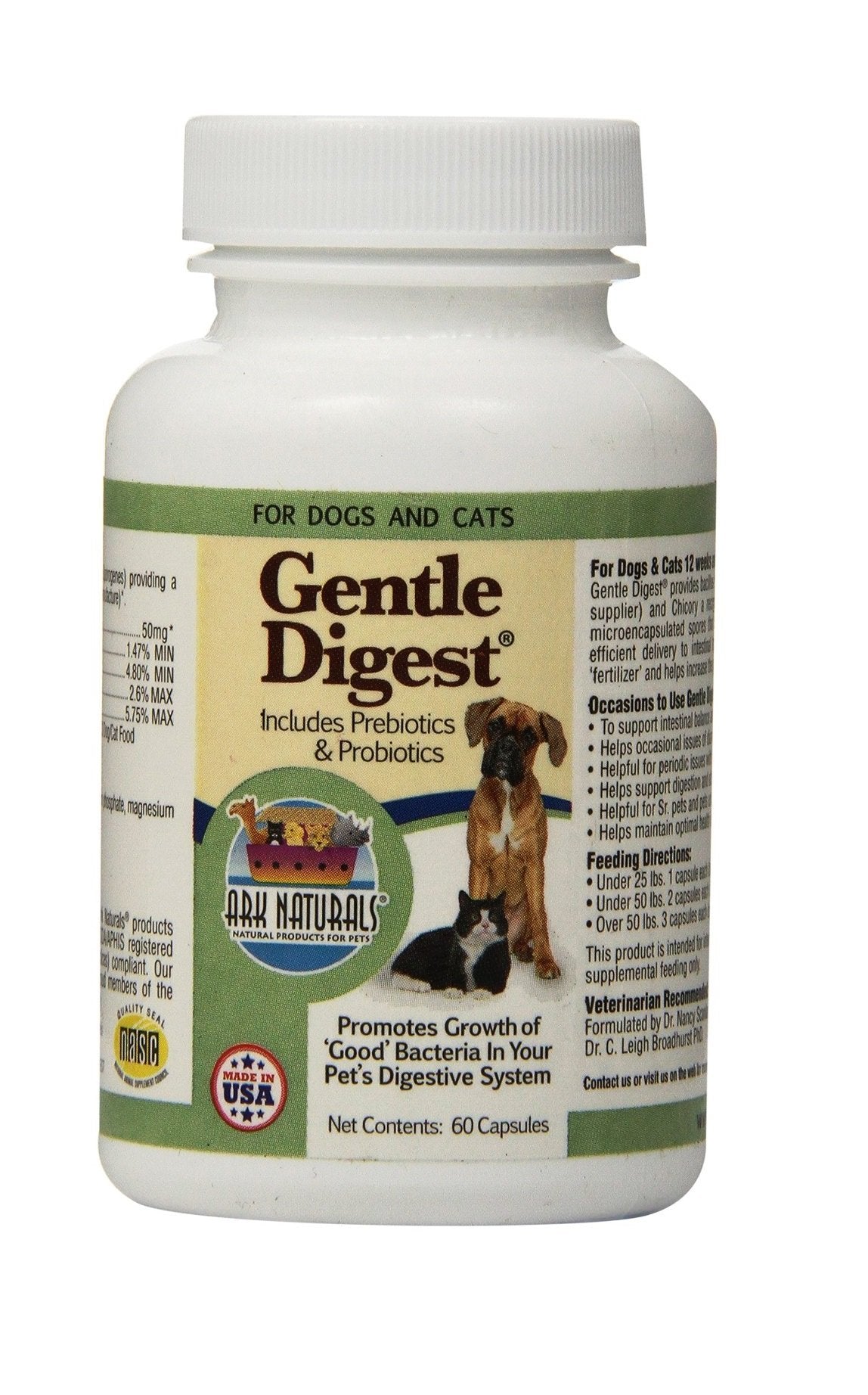Ark Naturals Gentle Digest capsules pour chiens et chats, soutien digestif quotidien.