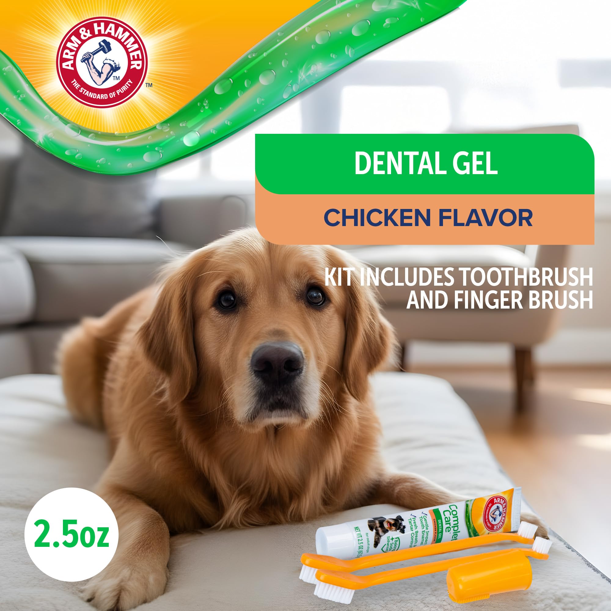 Gel dentaire Arm & Hammer pour chien: adhère longtemps et facilite le nettoyage.