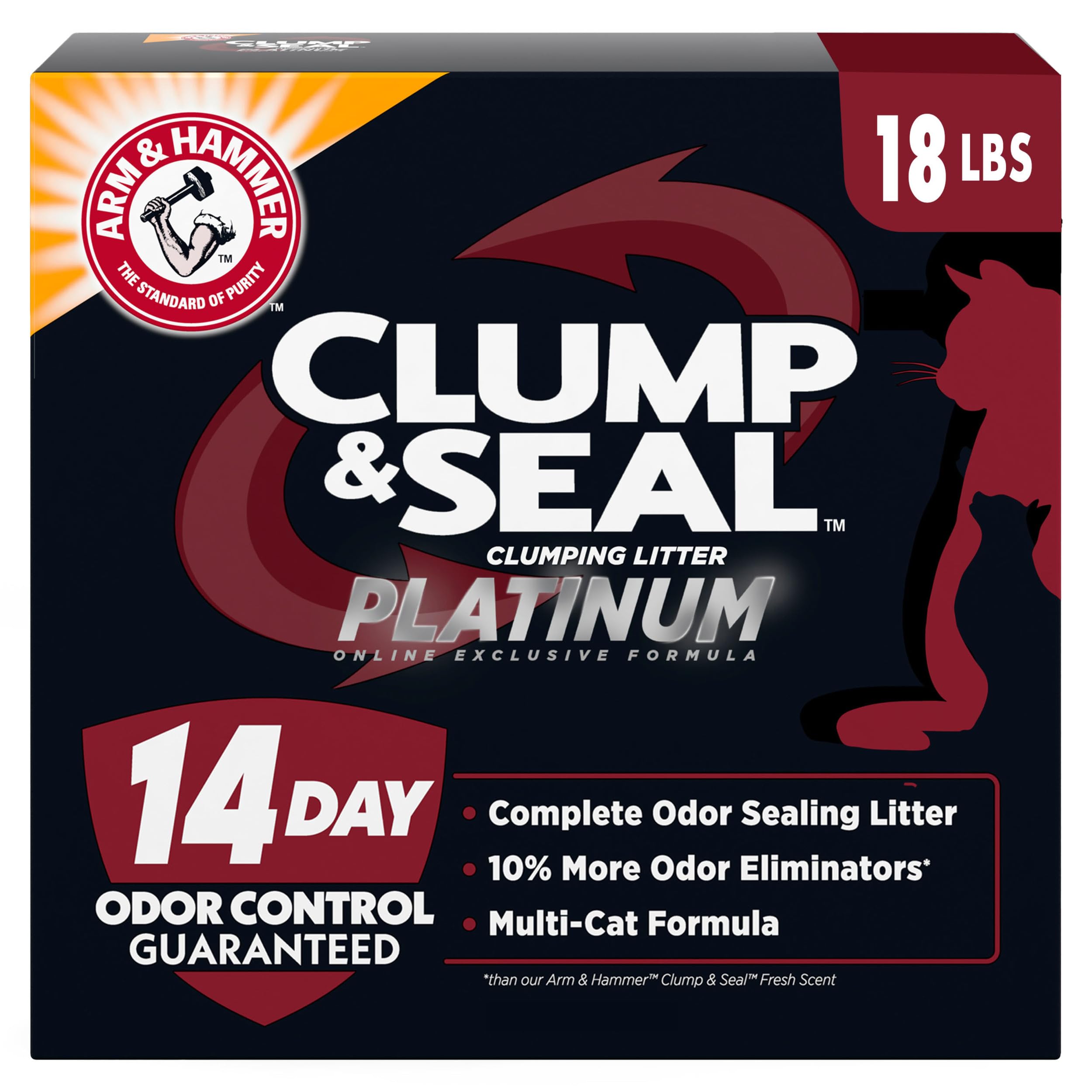 Emballage ARM & HAMMER Litière Chat Platine avec contrôle des odeurs.