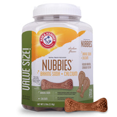 Arm et Hammer Nubbies friandises dentaires au poulet en emballage visible pour usage quotidien.