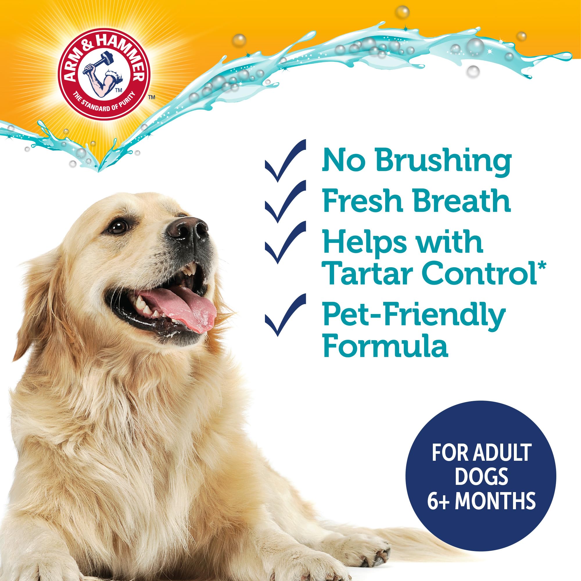 Arm & Hammer Eau dentaire chien — calcium et vitamines pour des dents et gencives plus solides.