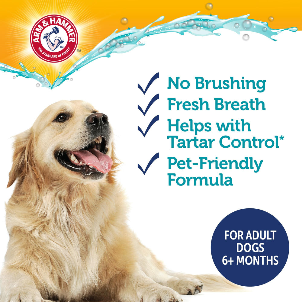 Arm & Hammer Eau dentaire chien — calcium et vitamines pour des dents et gencives plus solides.