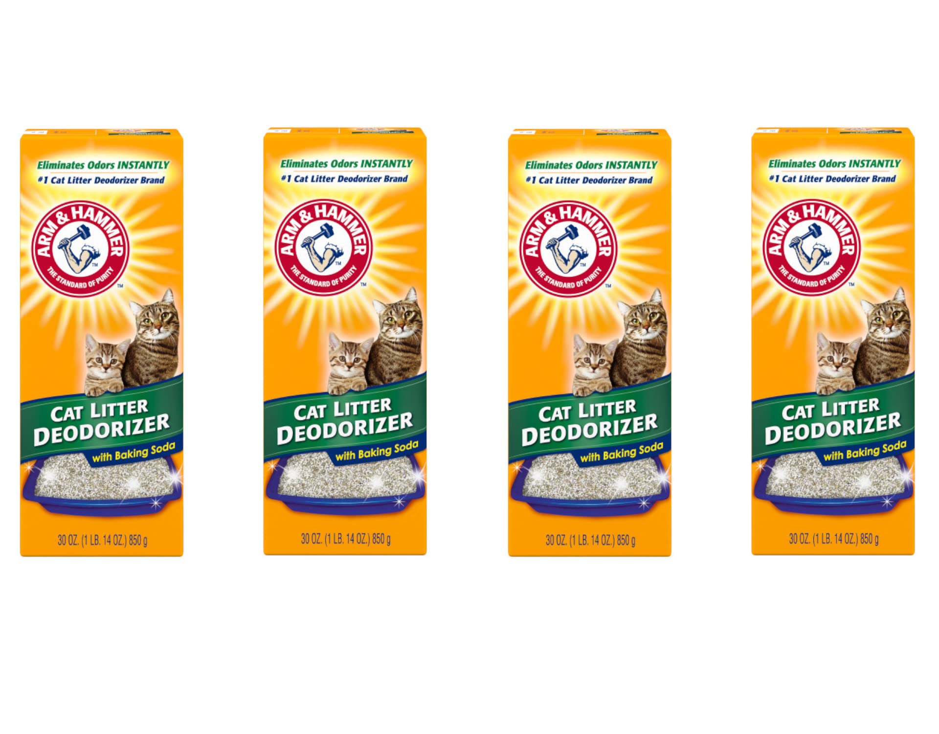 Arm et Hammer déodorant pour litière, pack 4x30 oz, fraîcheur durable.