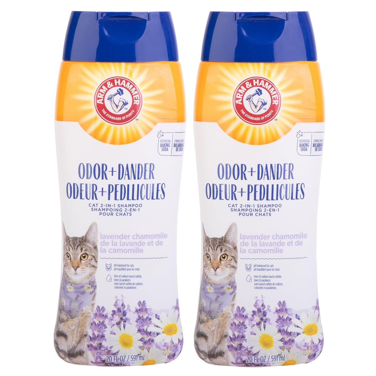 Shampoing Arm & Hammer pour chats 2-en-1, pellicules et odeur.