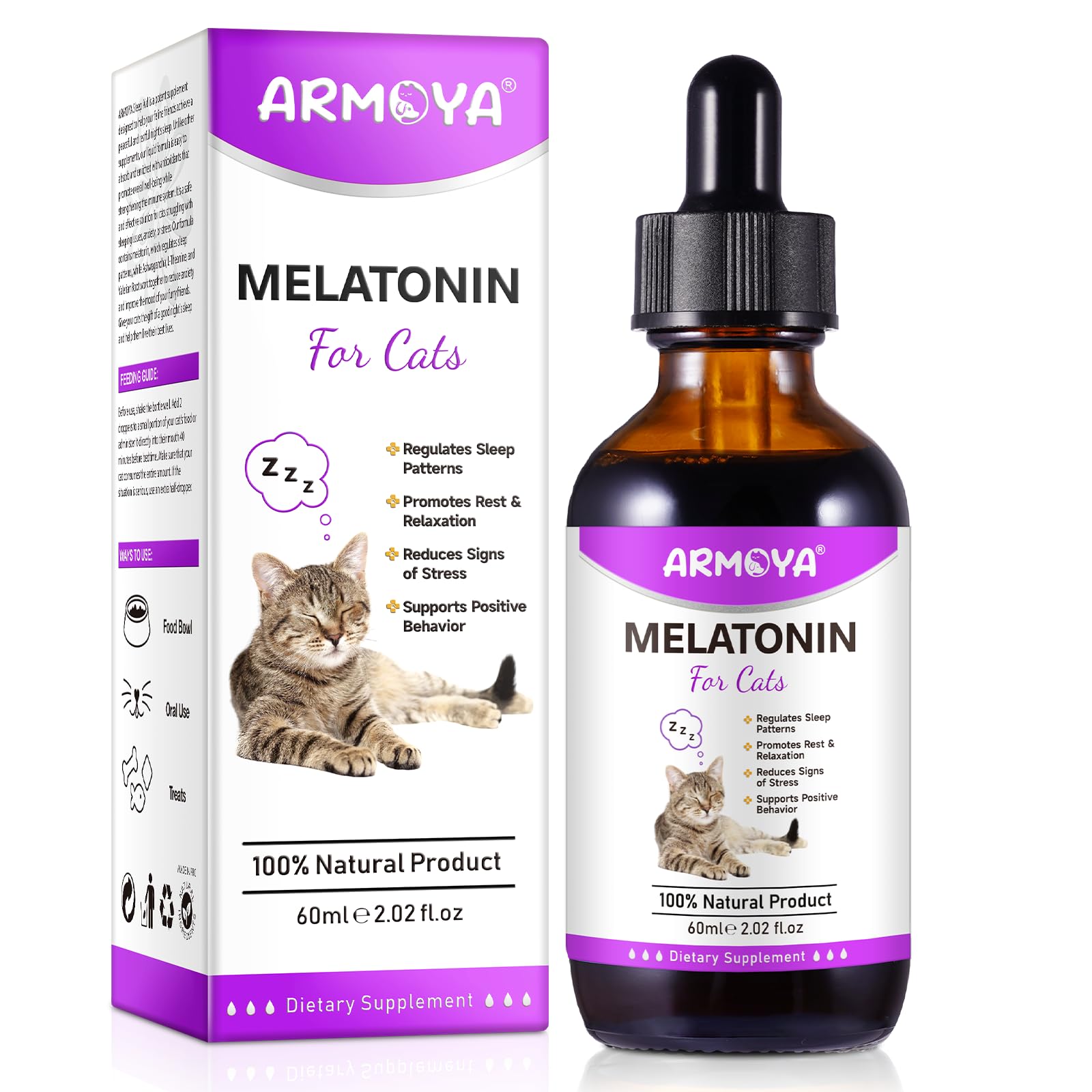 ARMOYA Chat Melatonine: flacon pratique pour un sommeil plus calme.