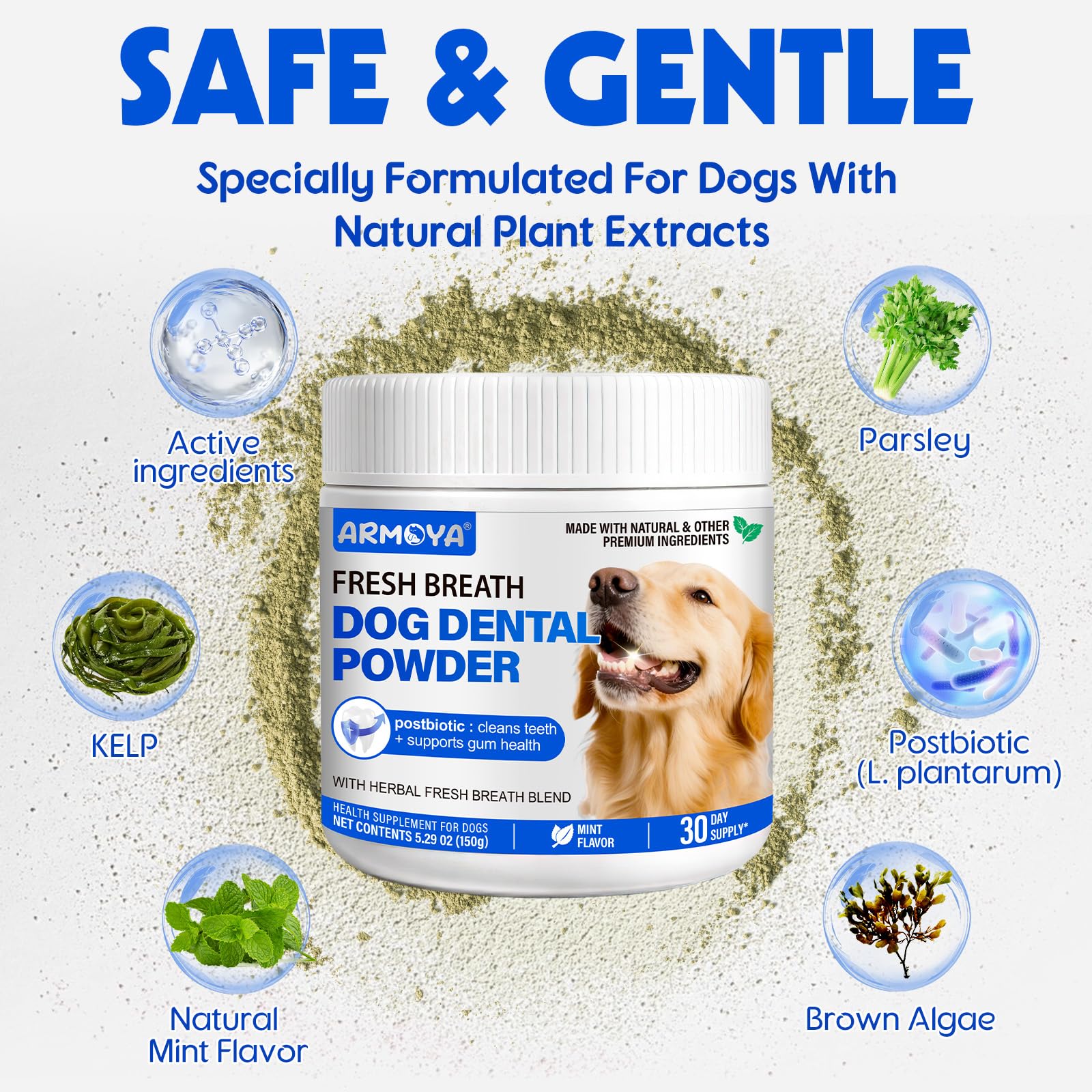 ARMOYA poudre dentaire chien – postbiotiques inclus pour l'hygiène buccale.