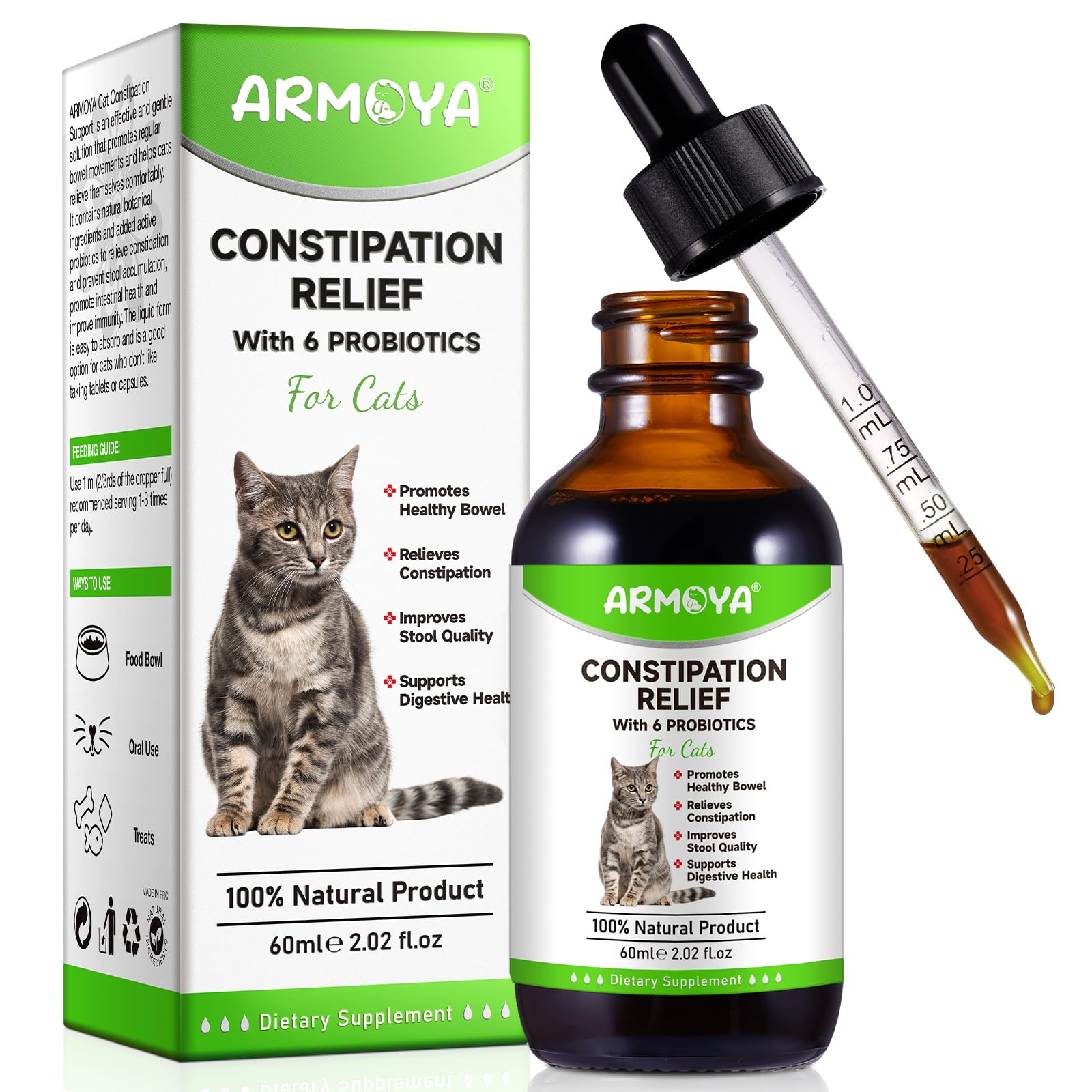 ARMOYA relief constipation chat: flacon et pipette pour un soulagement pratique et sûr