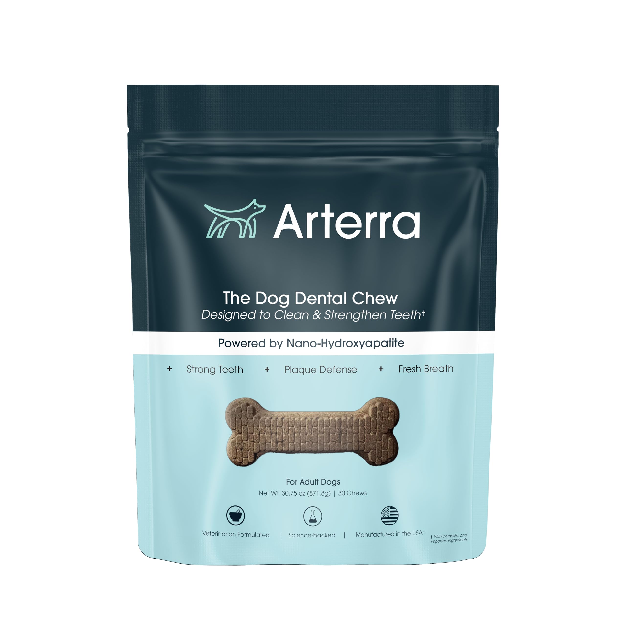 Arterra Pet Science bouchées dentaires pour chiens en emballage, routine bucco-dentaire simplifiée.