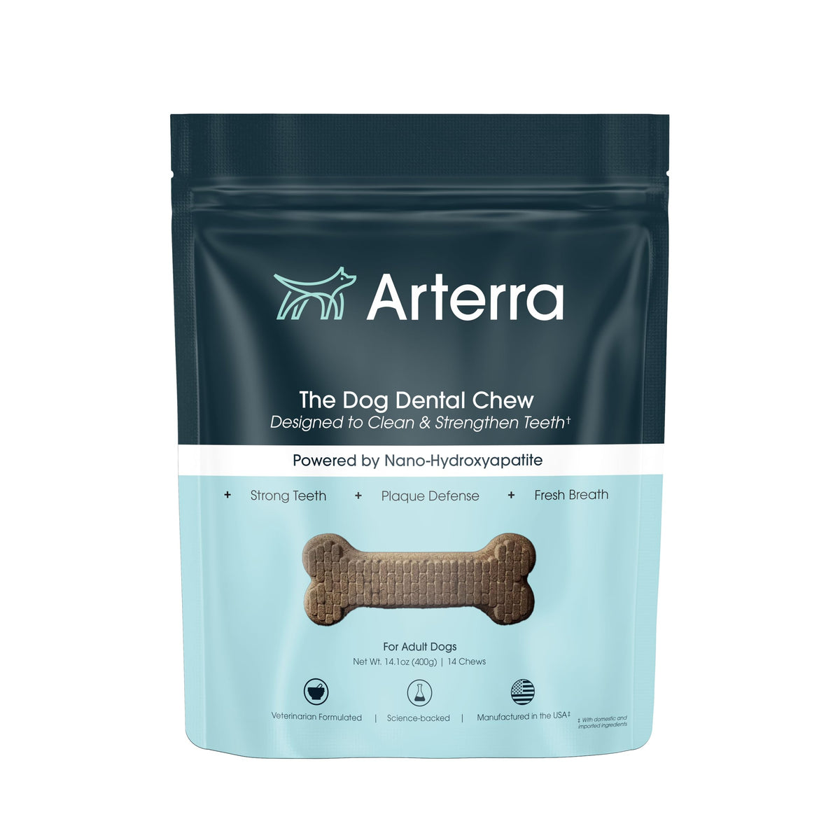 Arterra Pet Science – emballage clair des friandises dentaires canines facilitant l’achat.