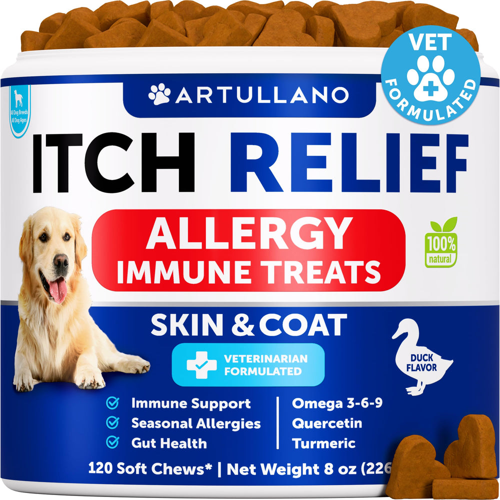 Artullano: bouteille de bouchées allergie chien, soutien possible pour peau et pelage.