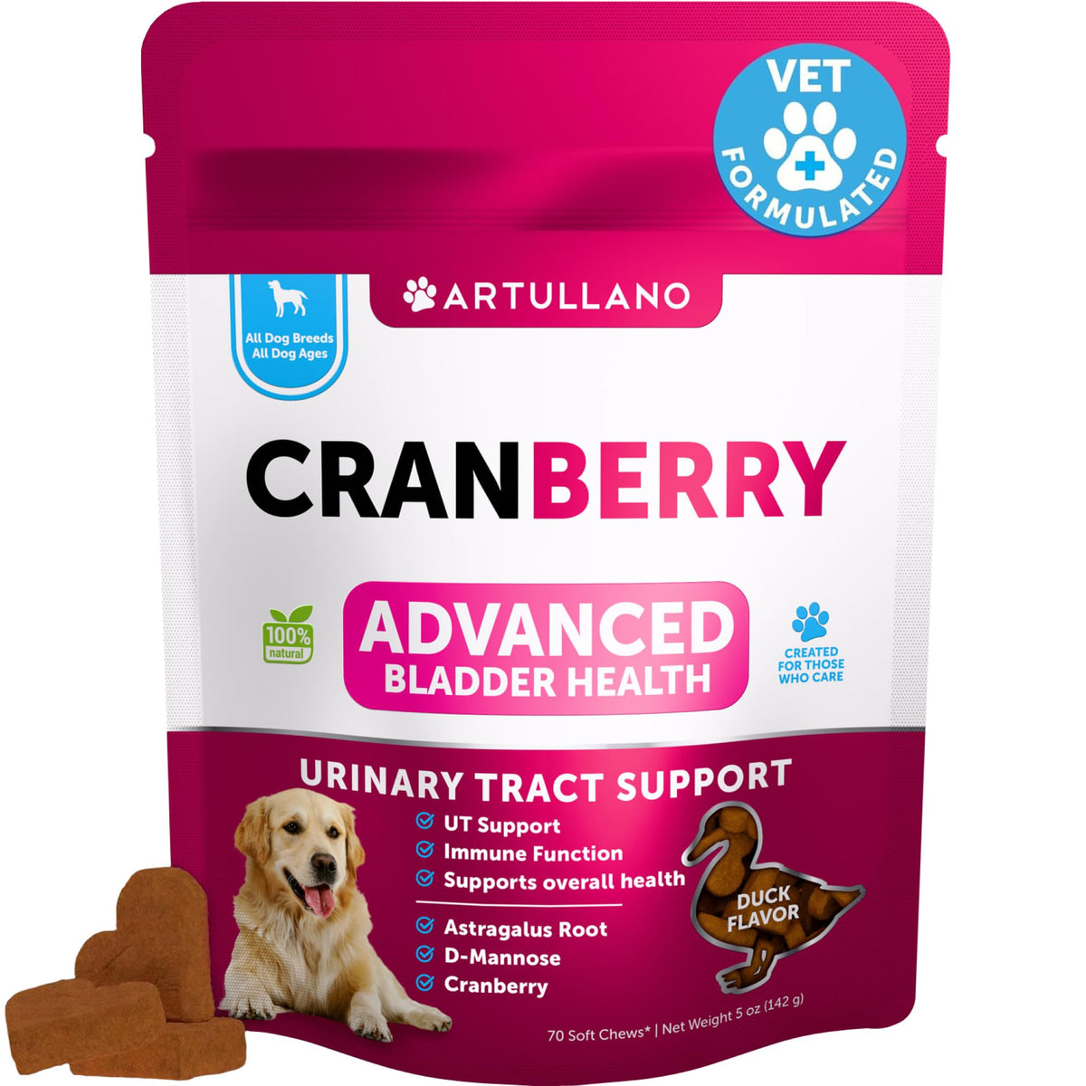 Artullano Dog UT Treats – bouchées cranberry douces soutiennent l'équilibre urinaire quotidien.