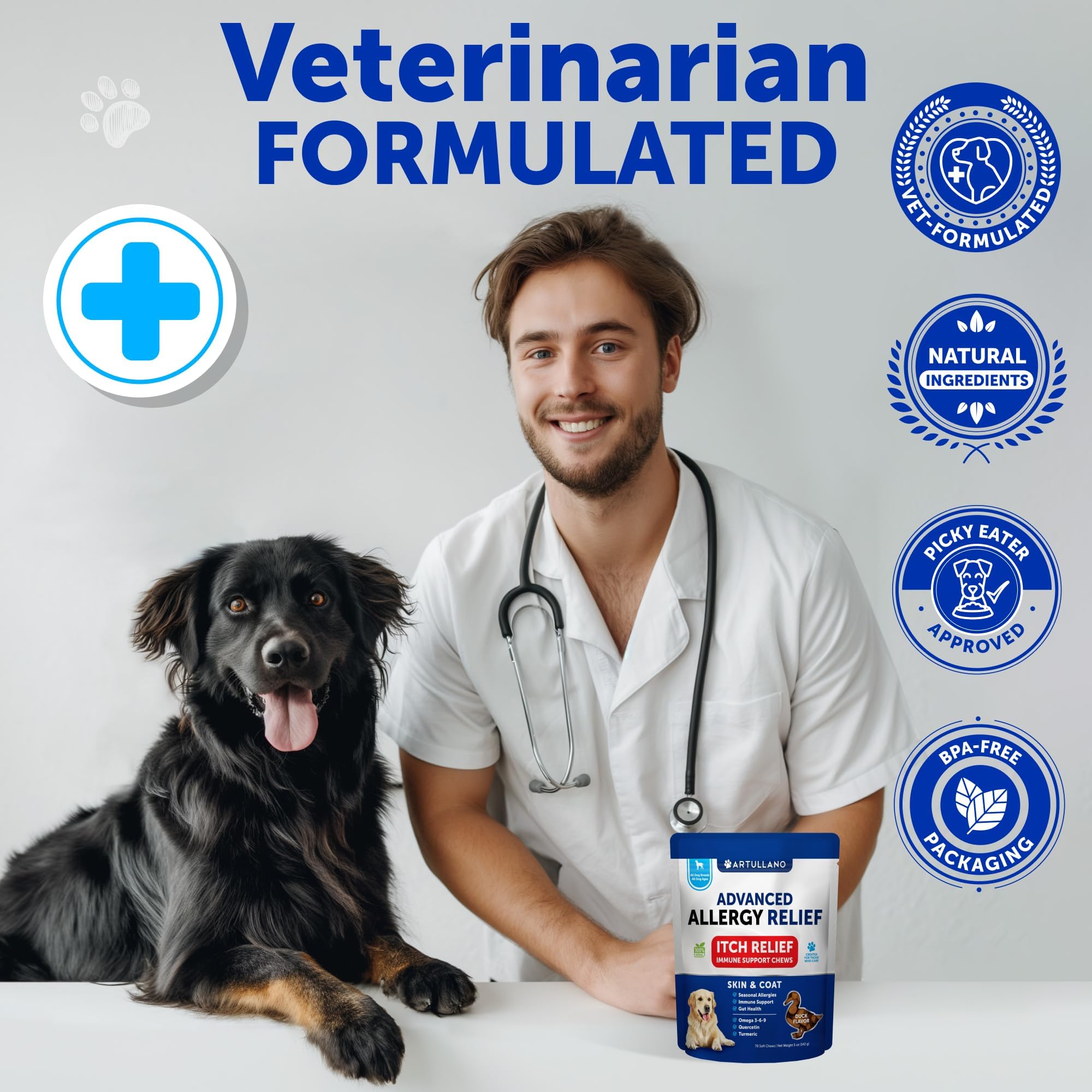 Emballage Artullano gommes chien 70, prêt pour la routine quotidienne.