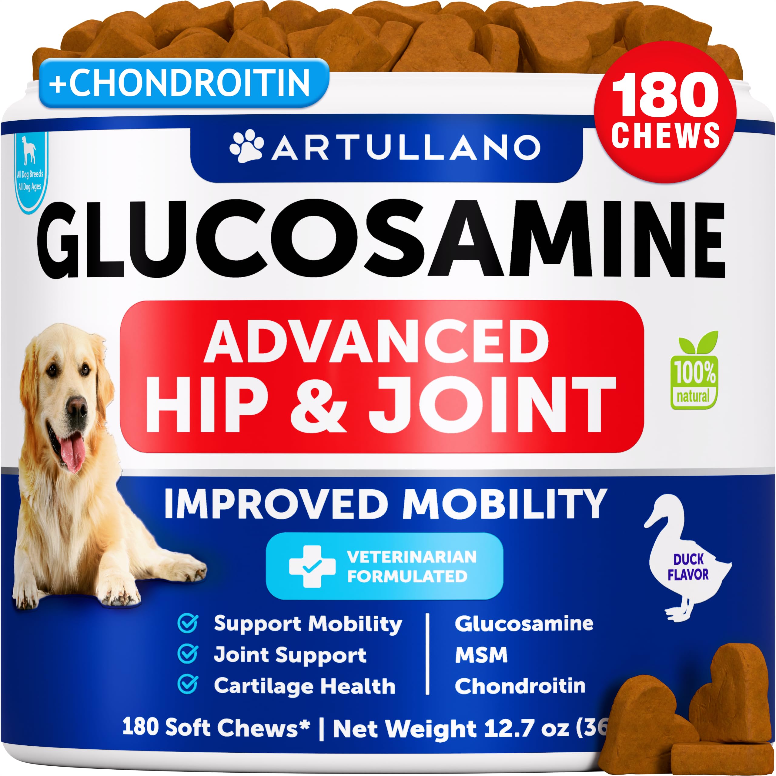 Friandises Artullano Glucosamine pour chiens – boîte visible, soutien des articulations.