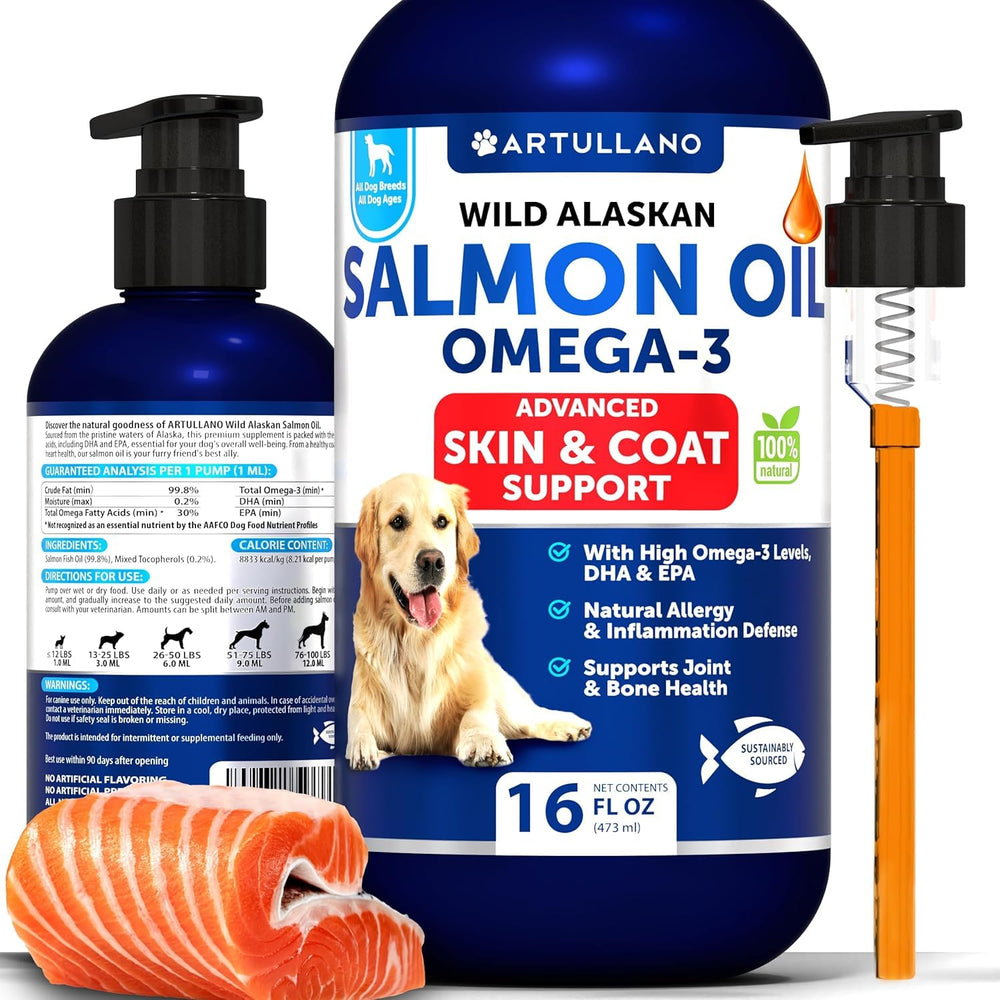 Artullano huile saumon pour chien, bouteille-pour: dosage quotidien pratique.