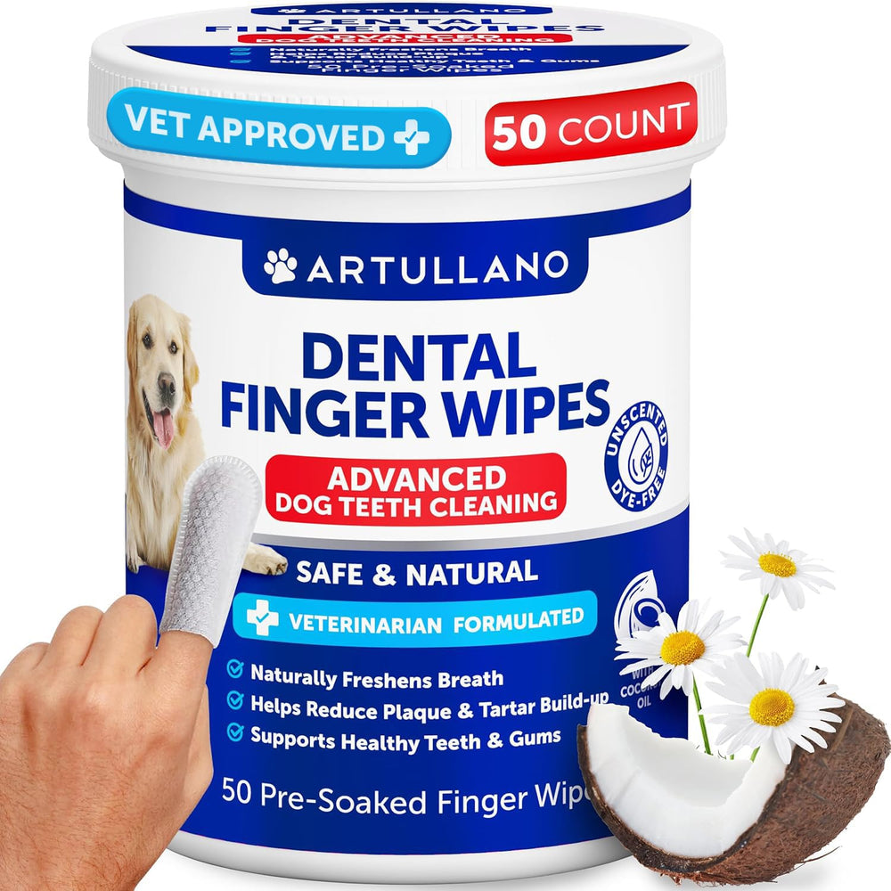 Lingettes dentaires Artullano pour chien – emballage pratique et prêt à l’emploi.