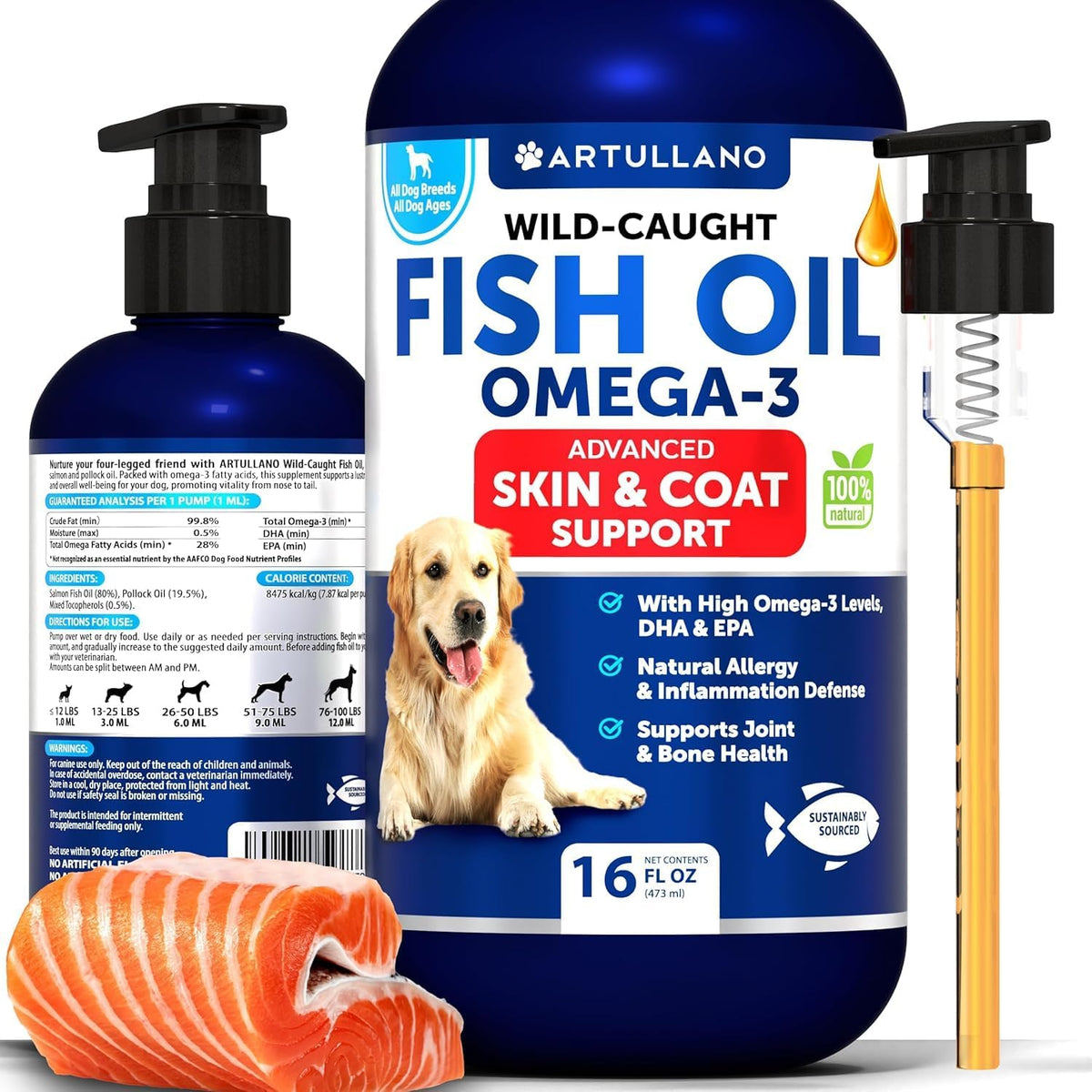 Artullano Omega3 pour chien – bouteille, soutien peau et pelage sains
