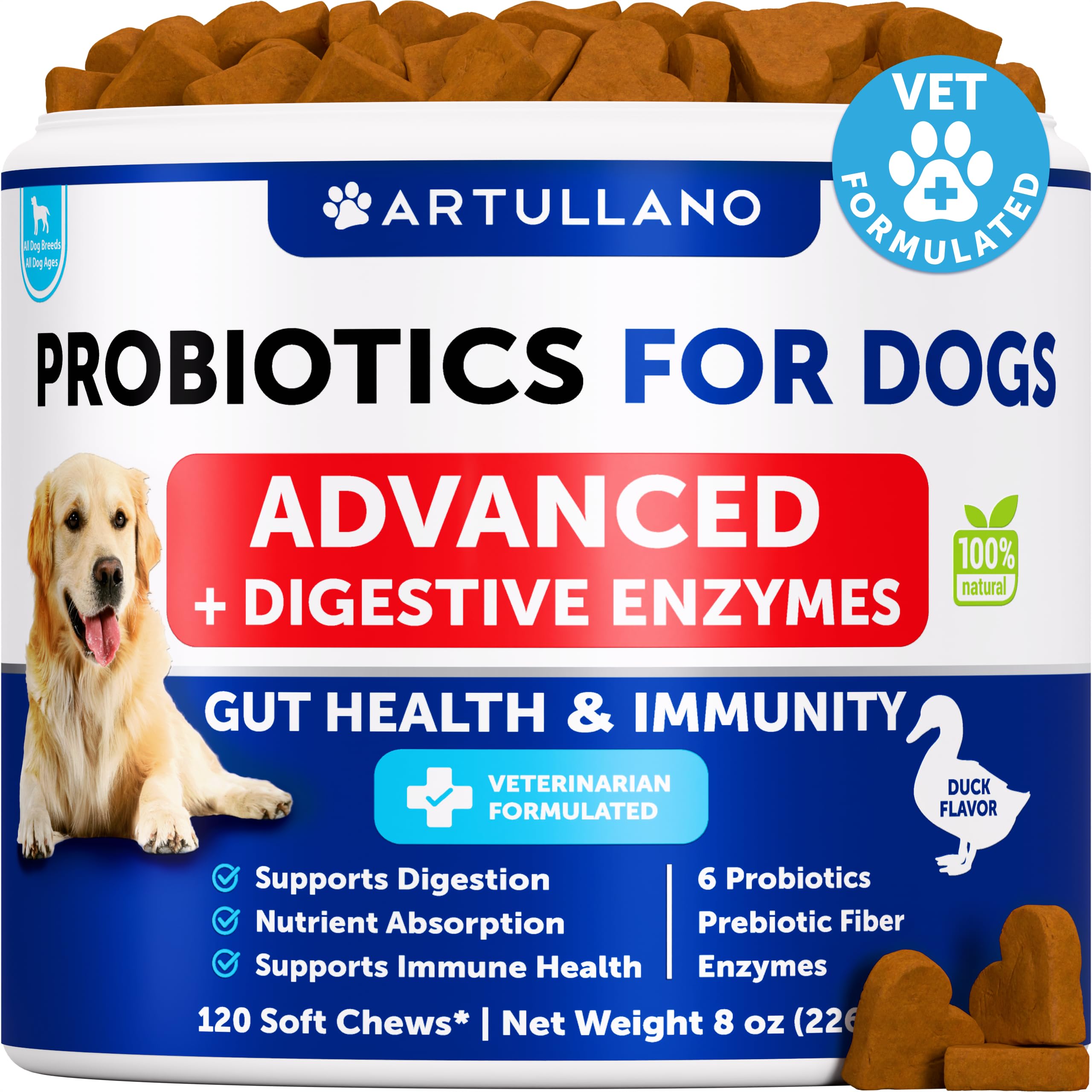 Artullano Probiotiques pour chien: bouchées savoureuses soutenant la santé intestinale.