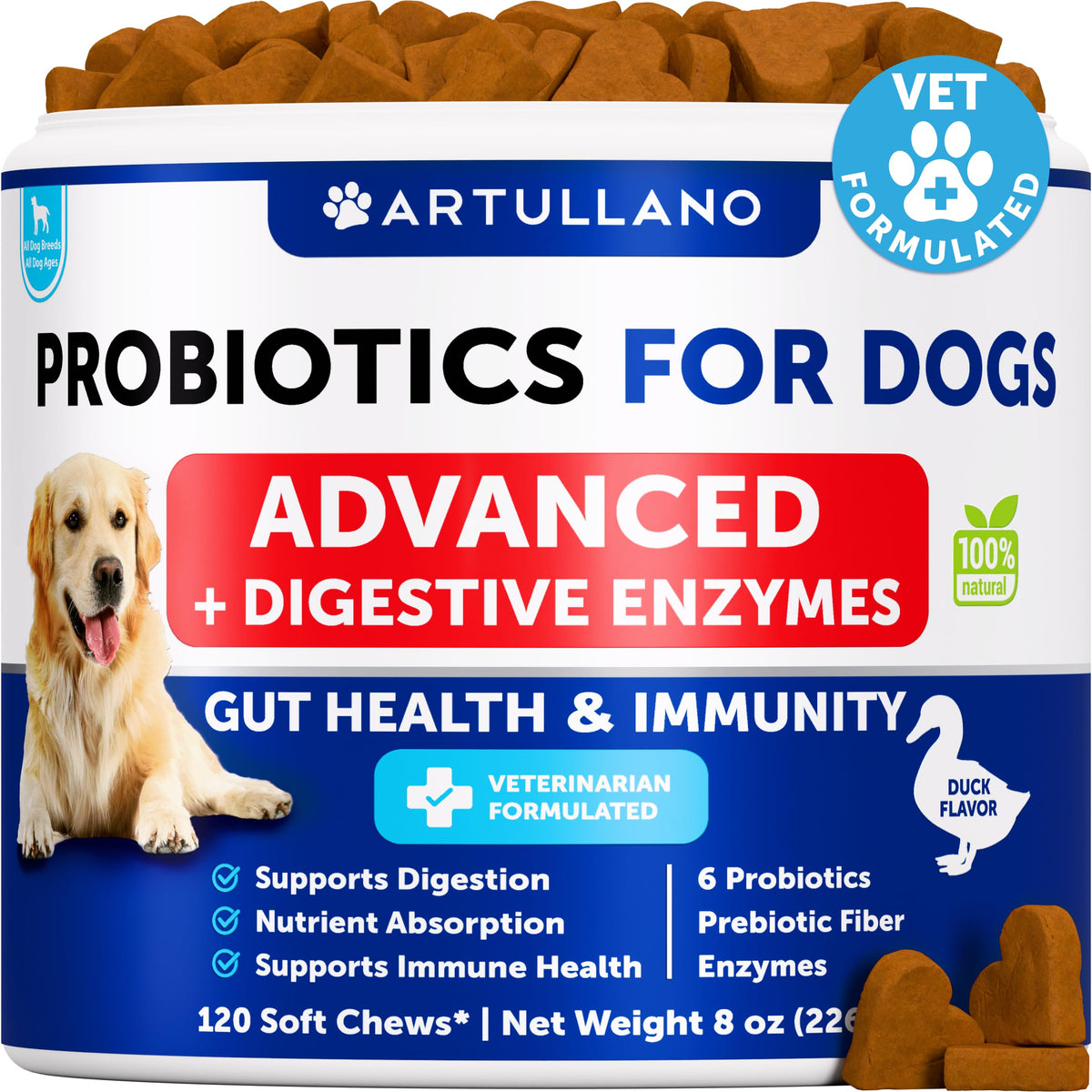 Artullano Probiotiques pour chien: bouchées savoureuses soutenant la santé intestinale.