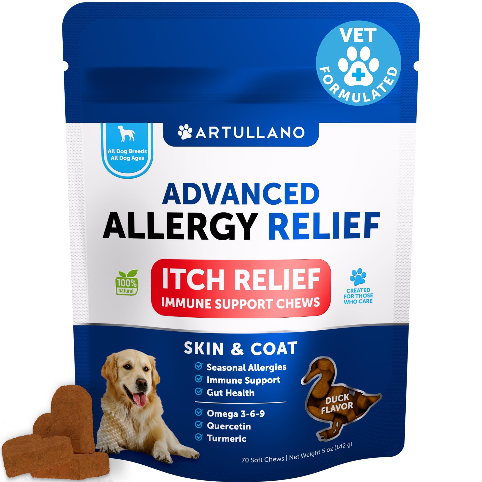 Bouteille Artullano de suppléments allergy chien, soutien potentiel de la peau et du poil.