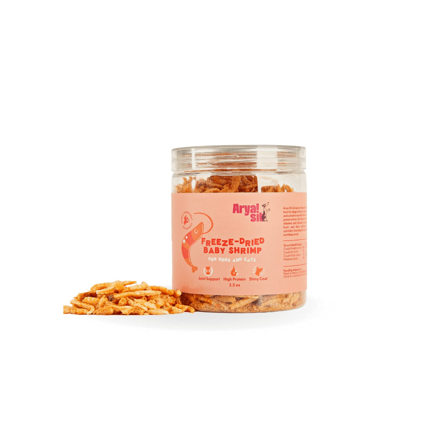 Friandises Arya Sit! crevettes bébé en bocal, récompense idéale pour chiens et chats.
