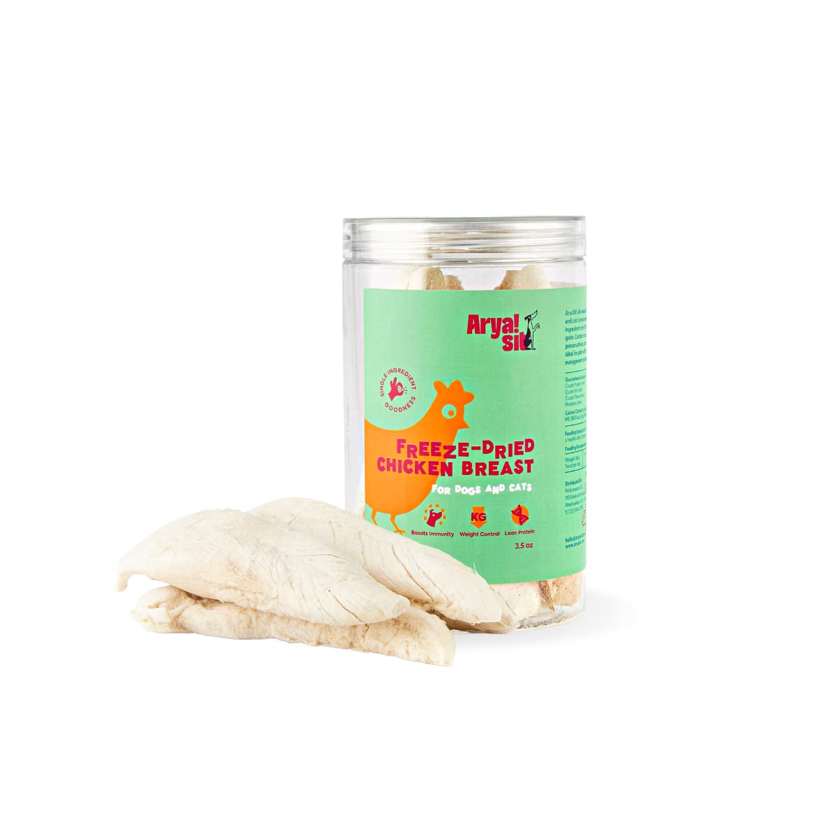 Arya Sit! Poitrine de poulet séchée dans un pot, récompense naturelle pour chiens et chats.
