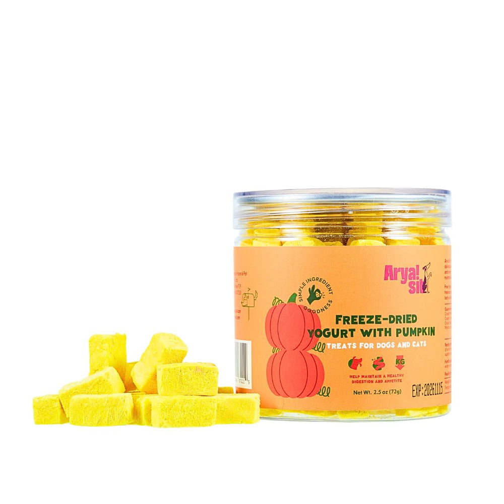 Arya Sit! yaourt-potiron lyophilisé dans une jarre, friandise pratique et fraîche pour chiens et chats.