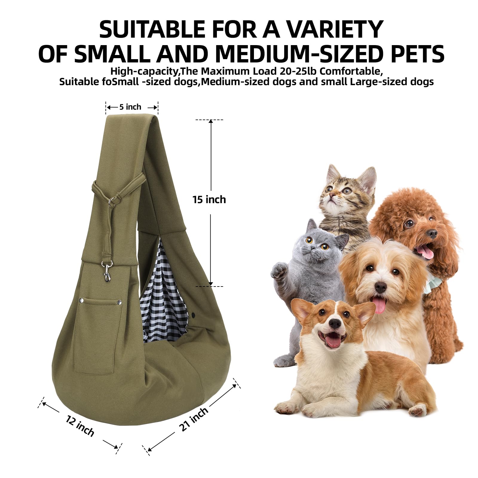 ARZQUT sling dimensions 21x12 pouces (53x30 cm) pour petits animaux jusqu’à 5 kg.