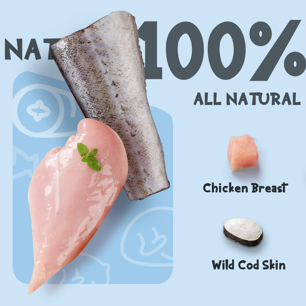 ASMPET bâtonnet peau morue enrobé poulet, saveur naturelle et protéinée.