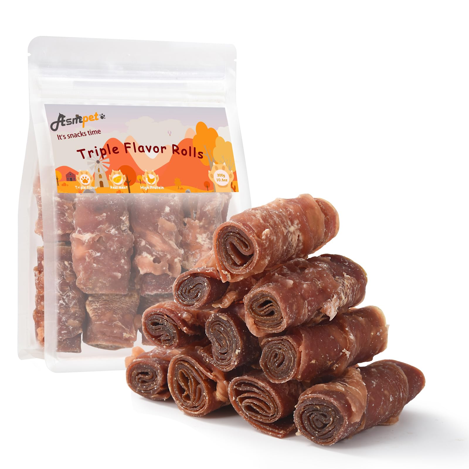 ASMPET boîte refermable montrant les rouleaux triple saveurs pour sorties chien.