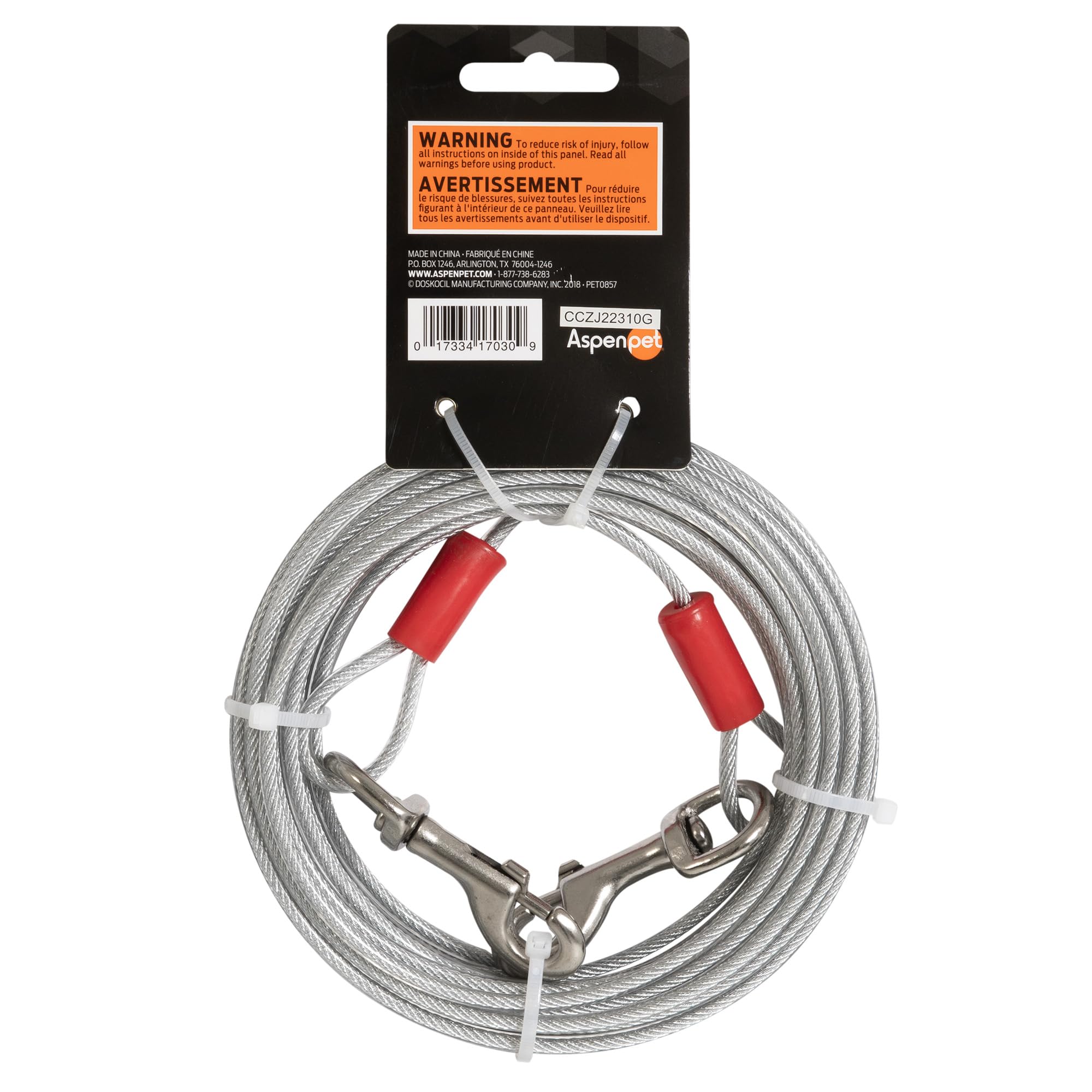 Aspen Pet câble d'attache avec crochets en laiton, robustesse et sécurité extérieure.