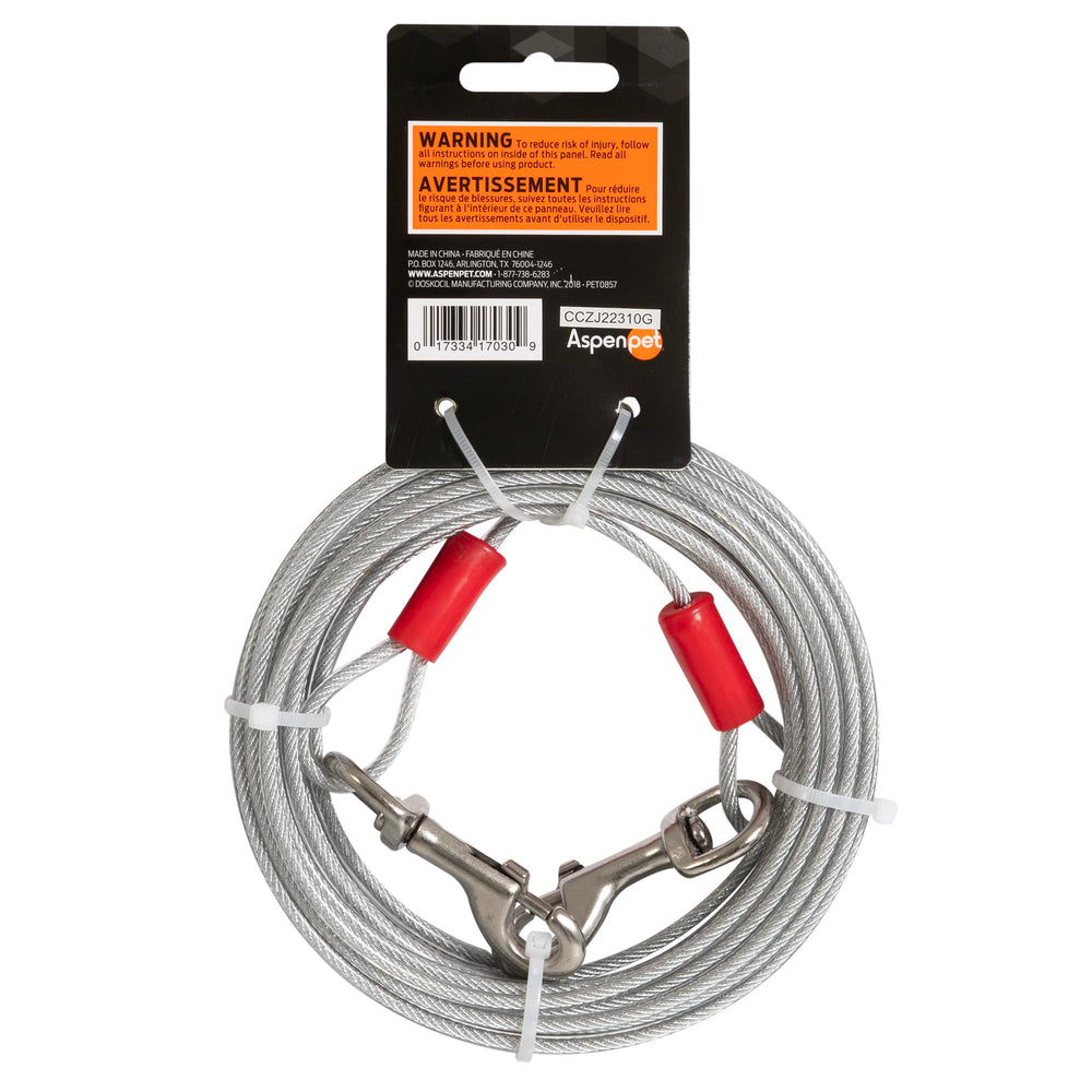 Aspen Pet câble d'attache avec crochets en laiton, robustesse et sécurité extérieure.