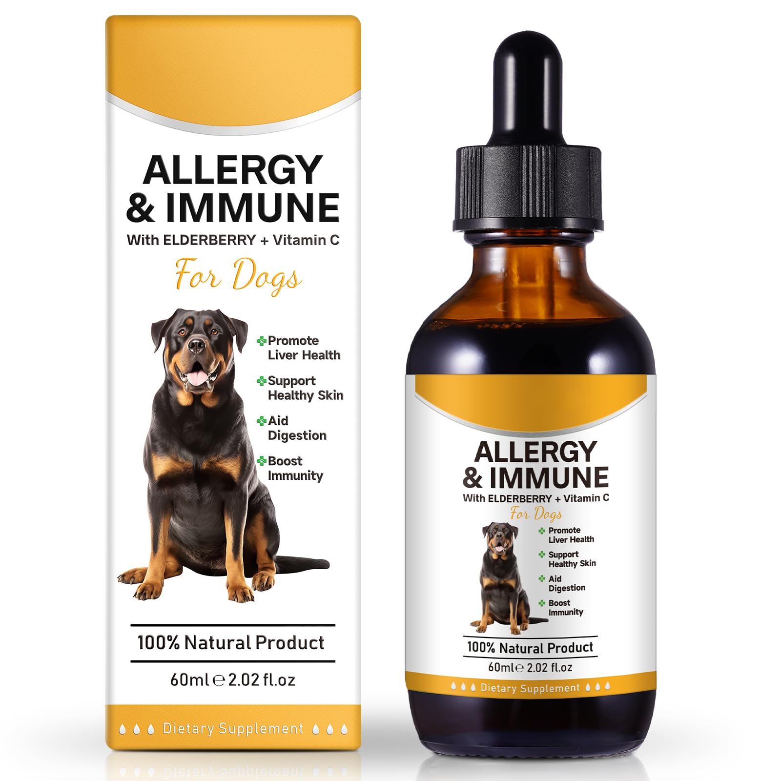 Asusxcli Allergy Relief Drops: bouteille sur plan de travail, soutien immunitaire potentiel pour chien.
