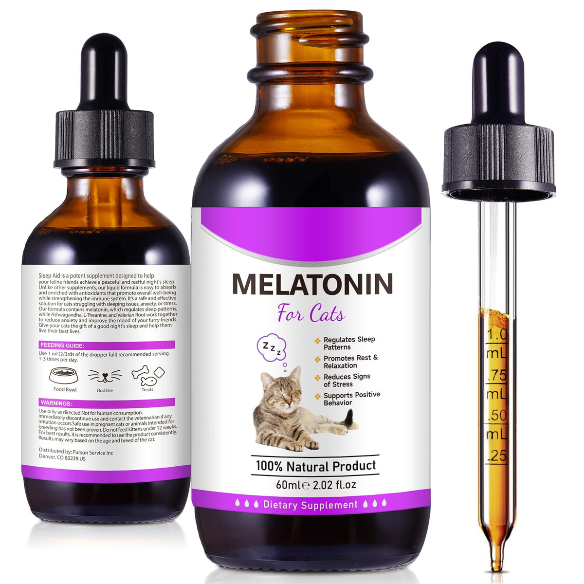 Asusxcli Mélatonine pour chat: bouteille dosage pour un usage facile et apaisant.