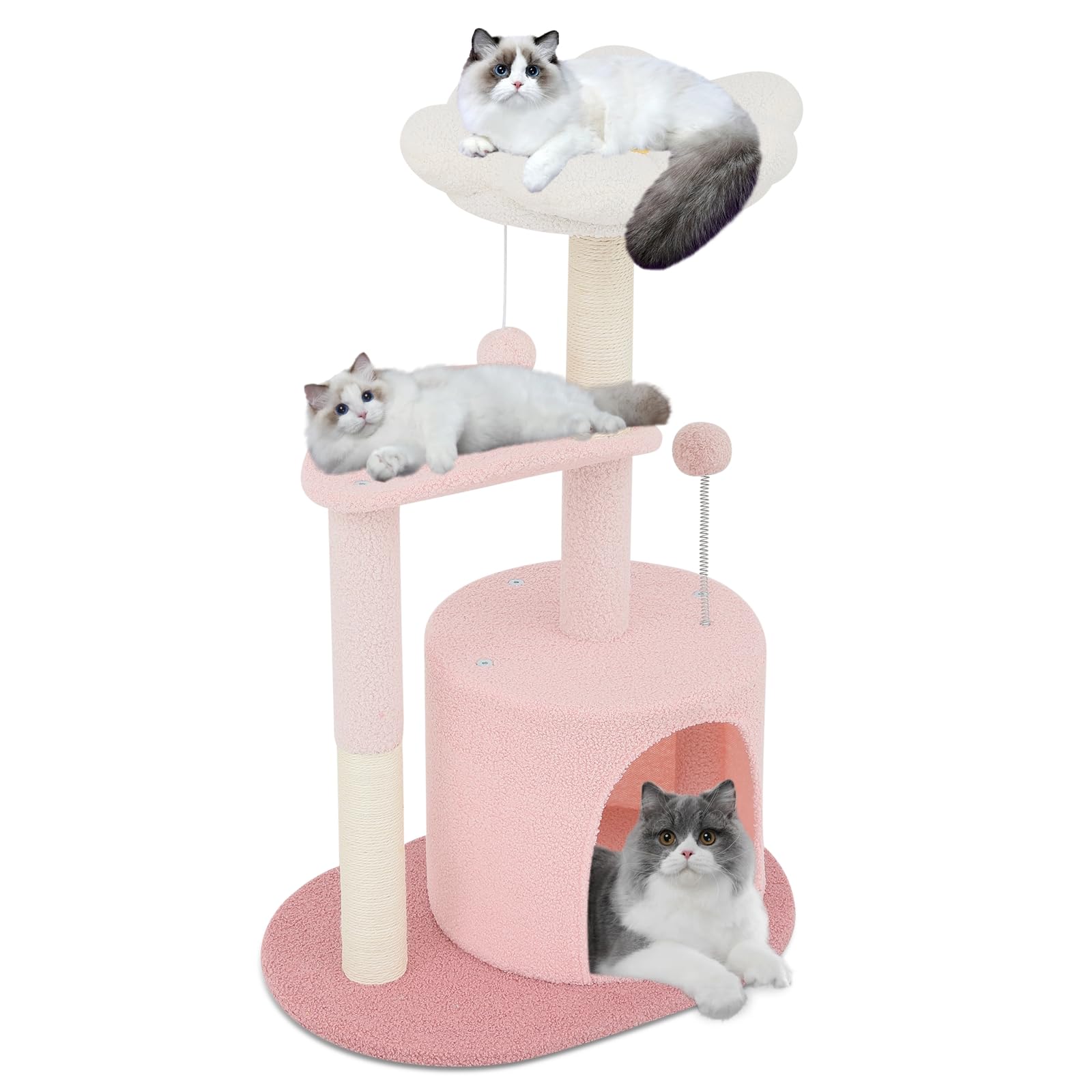 Athena Collection – arbre chat rose avec fleur en haut, espace détente et jeu en hauteur.