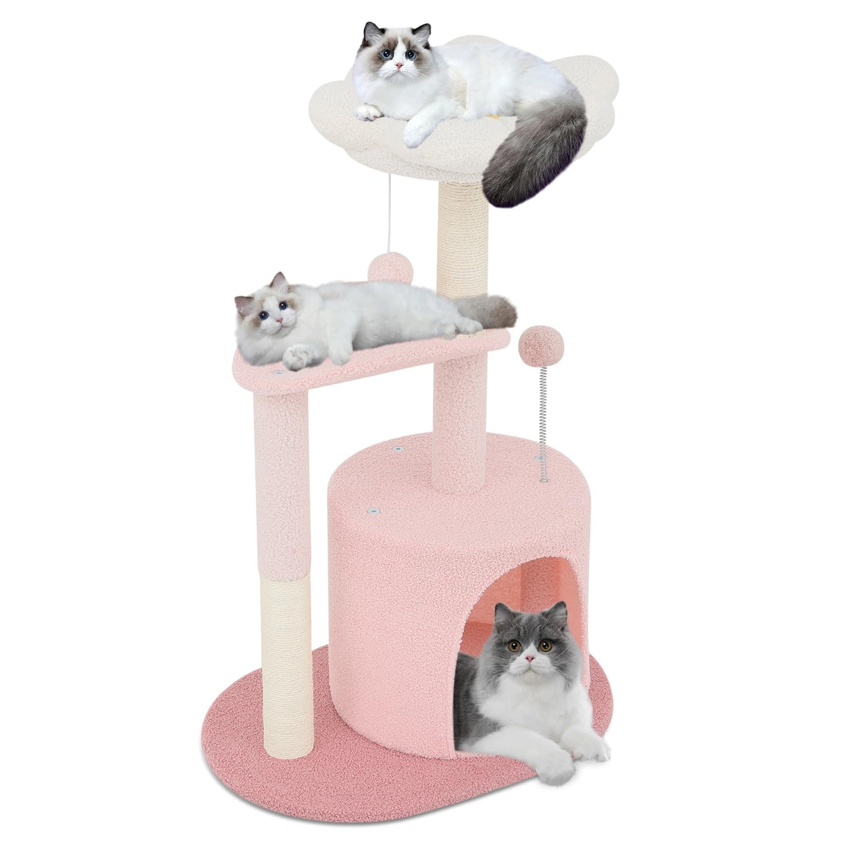 Athena Collection – arbre chat rose avec fleur en haut, espace détente et jeu en hauteur.