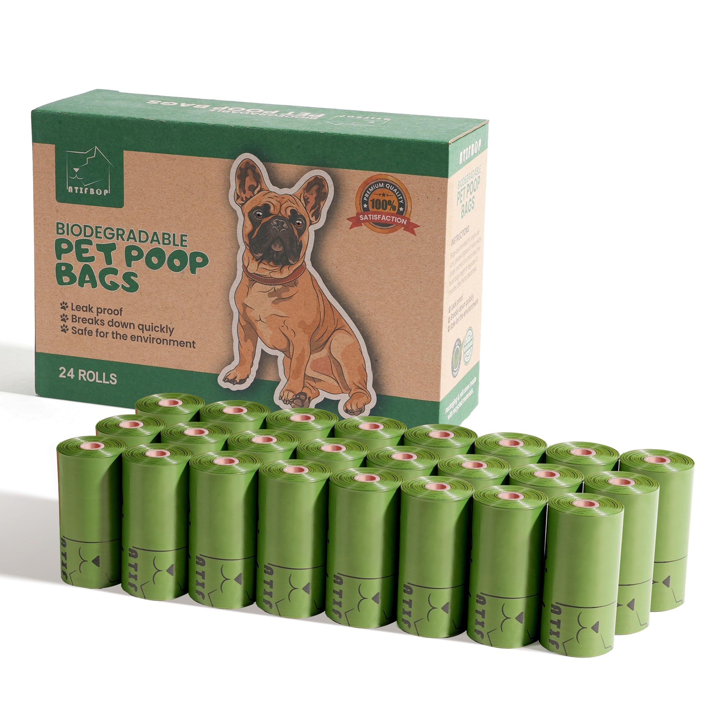 ATIFBOP sacs crottes chien biodégradables, emballage éco-responsable et pratique.