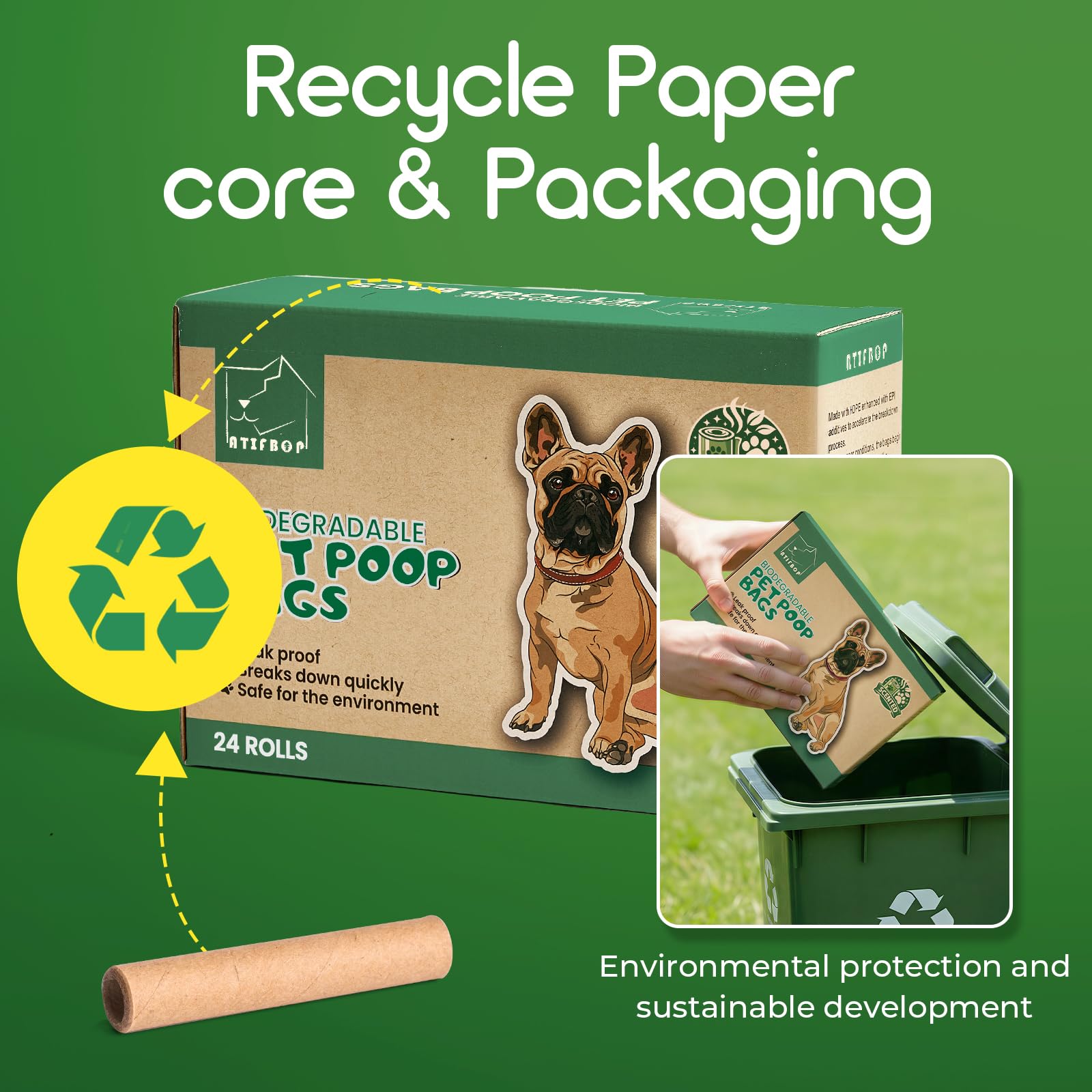 Utilisation polyvalente ATIFBOP sacs crottes chien, idéal pour litière et déchets.