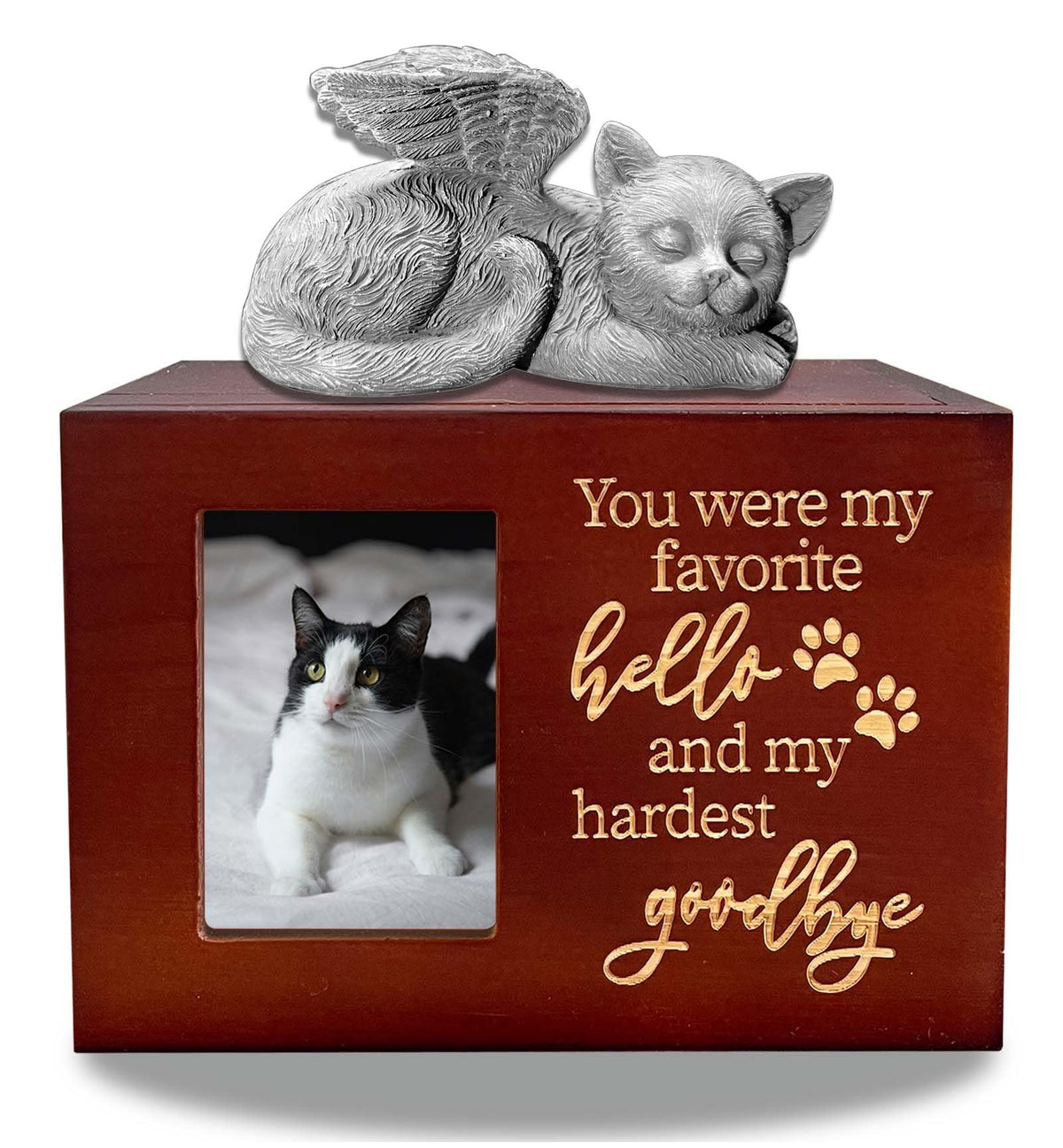 Atigrado Urne pour chat bois rouge avec ange, présentation élégante pour préserver le souvenir.
