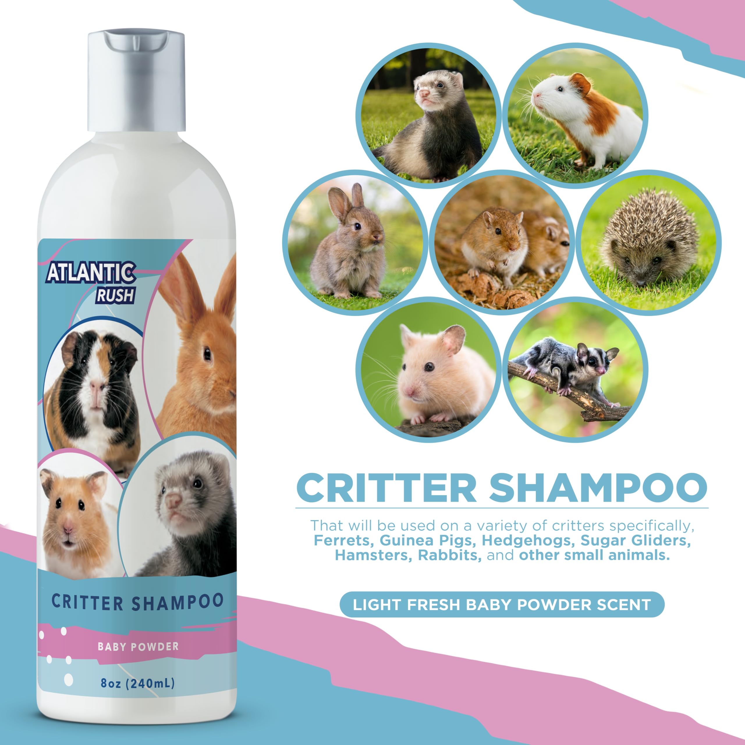 Atlantic Rush Critter Shampoo – poudre-bebe, parfum léger pour douceur naturelle.