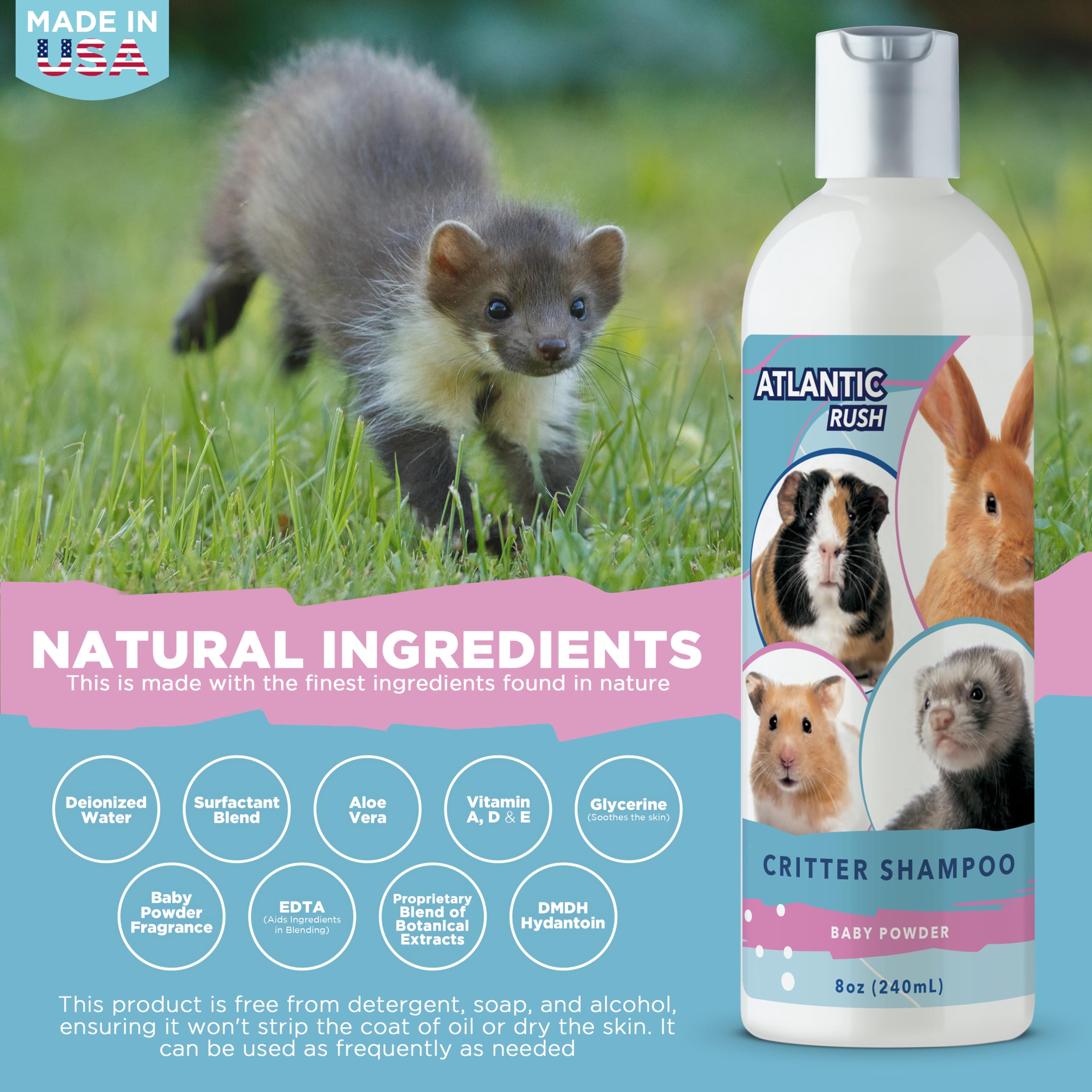 Atlantic Rush Critter Shampoo – soin polyvalent pour furets, cochons d’Inde, lapins et hérissons.