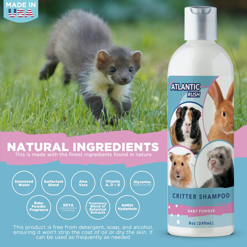 Atlantic Rush Critter Shampoo – soin polyvalent pour furets, cochons d’Inde, lapins et hérissons.