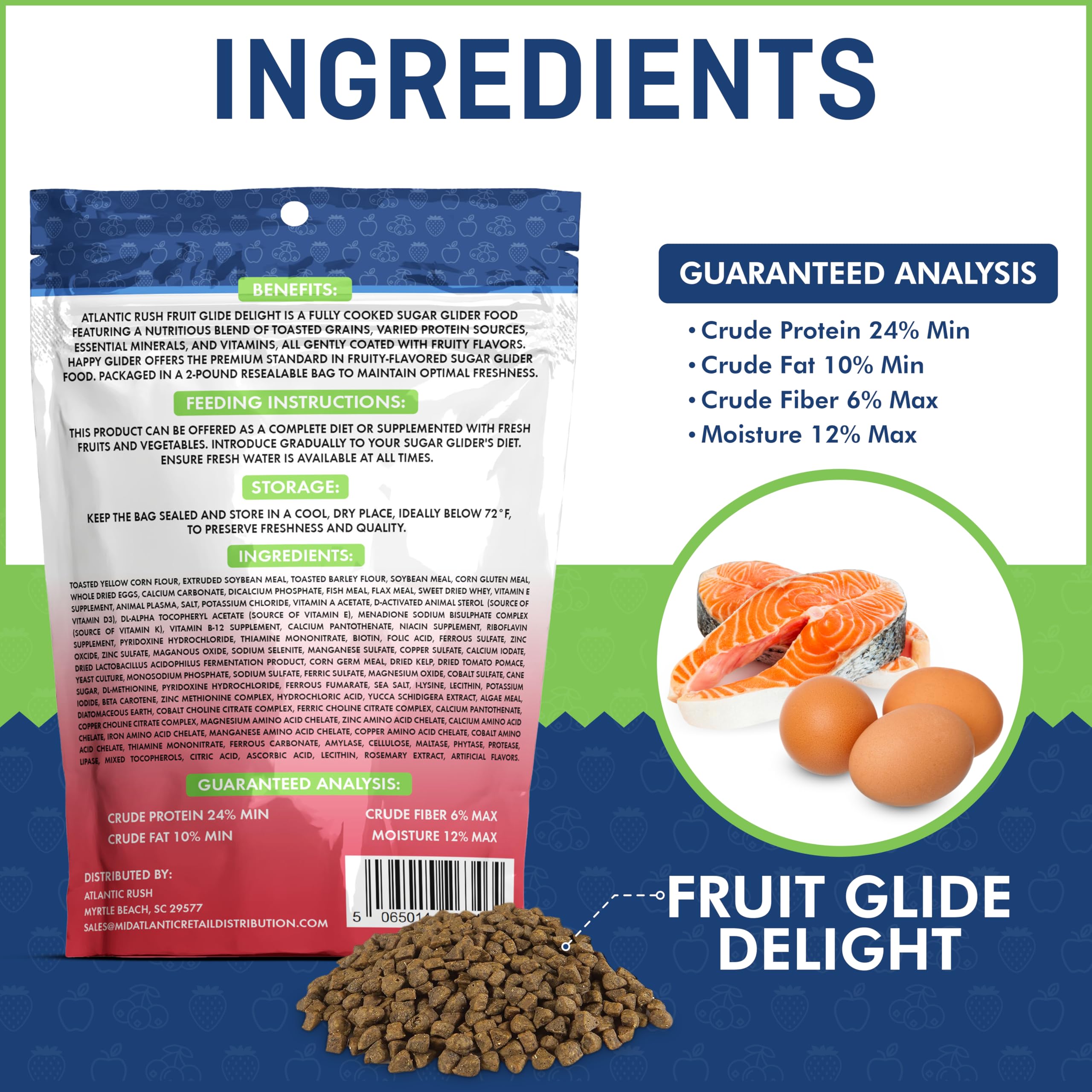 Atlantic Rush Fruit Glide Delight, ingrédients grains et fruits, nutrition quotidienne pour marsupial volant.