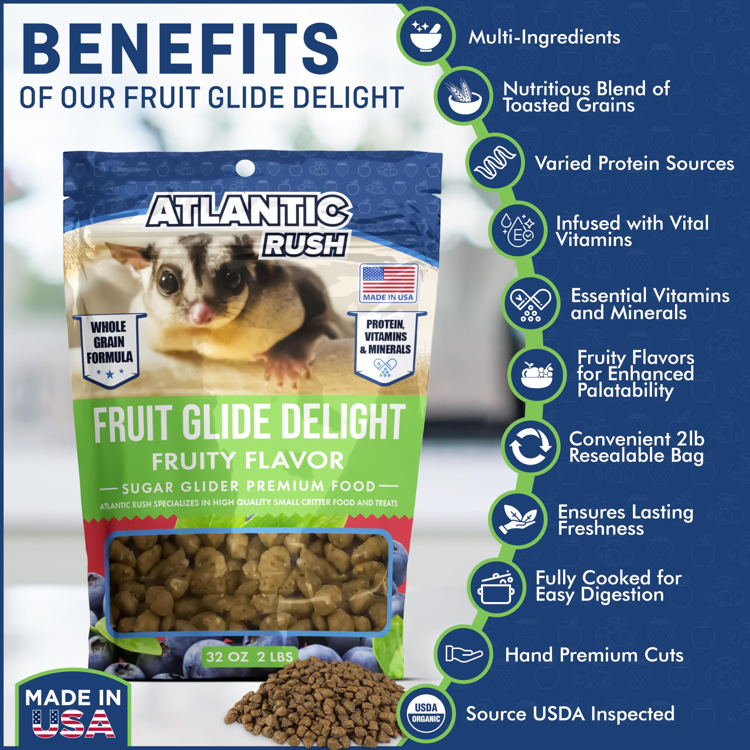 Atlantic Rush Fruit Glide Delight, proteines et vitamines, soutien la vitalite du marsupial volant.
