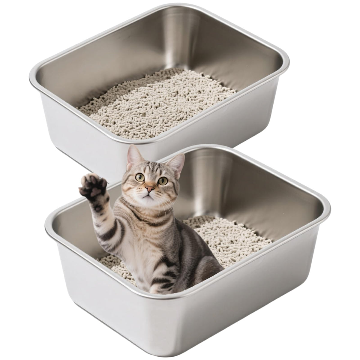 Atogafigo boîte litière inox ouverte, facile d'accès pour les chats.