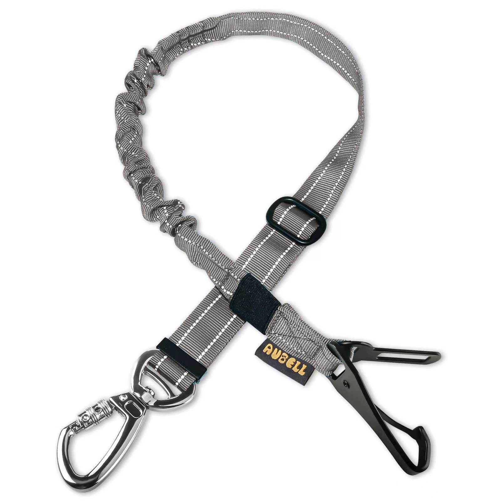 Sangle de sécurité AUBELL pour chien en voiture, système 3-en-1 illustrant la fixation polyvalente.
